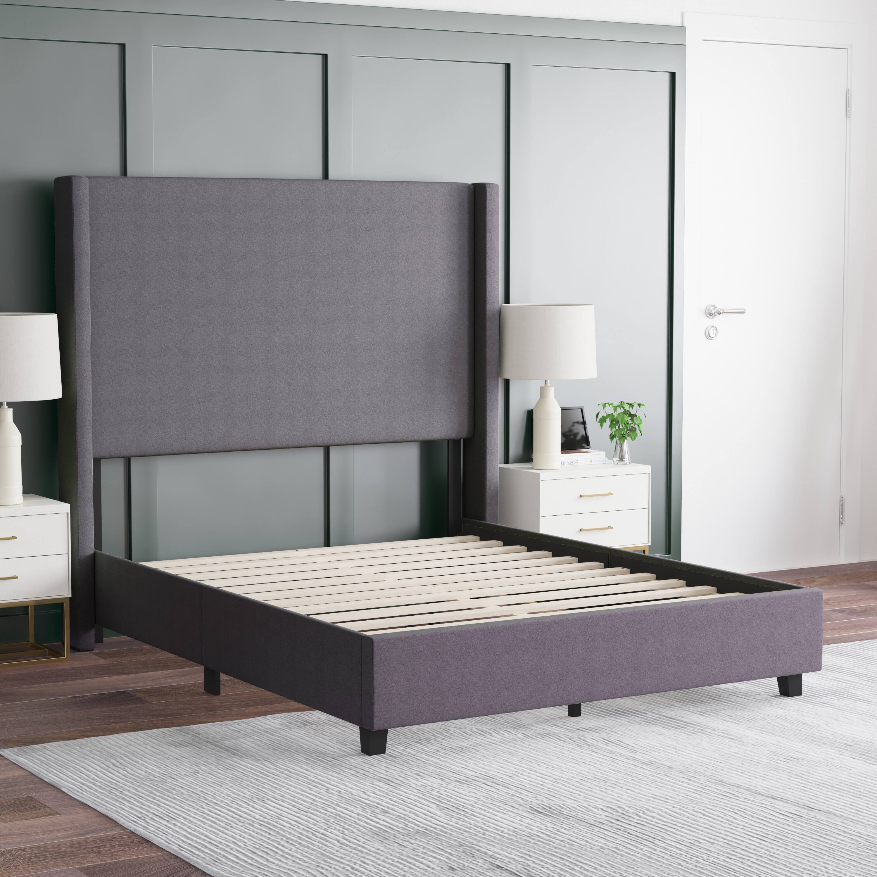 Alt View 3. Emma + Oliver - Nora upholstered Platform Bed with Plush Padded Wingback Headboard and Wood Support Slats - No Box Spring Needed - Gray.