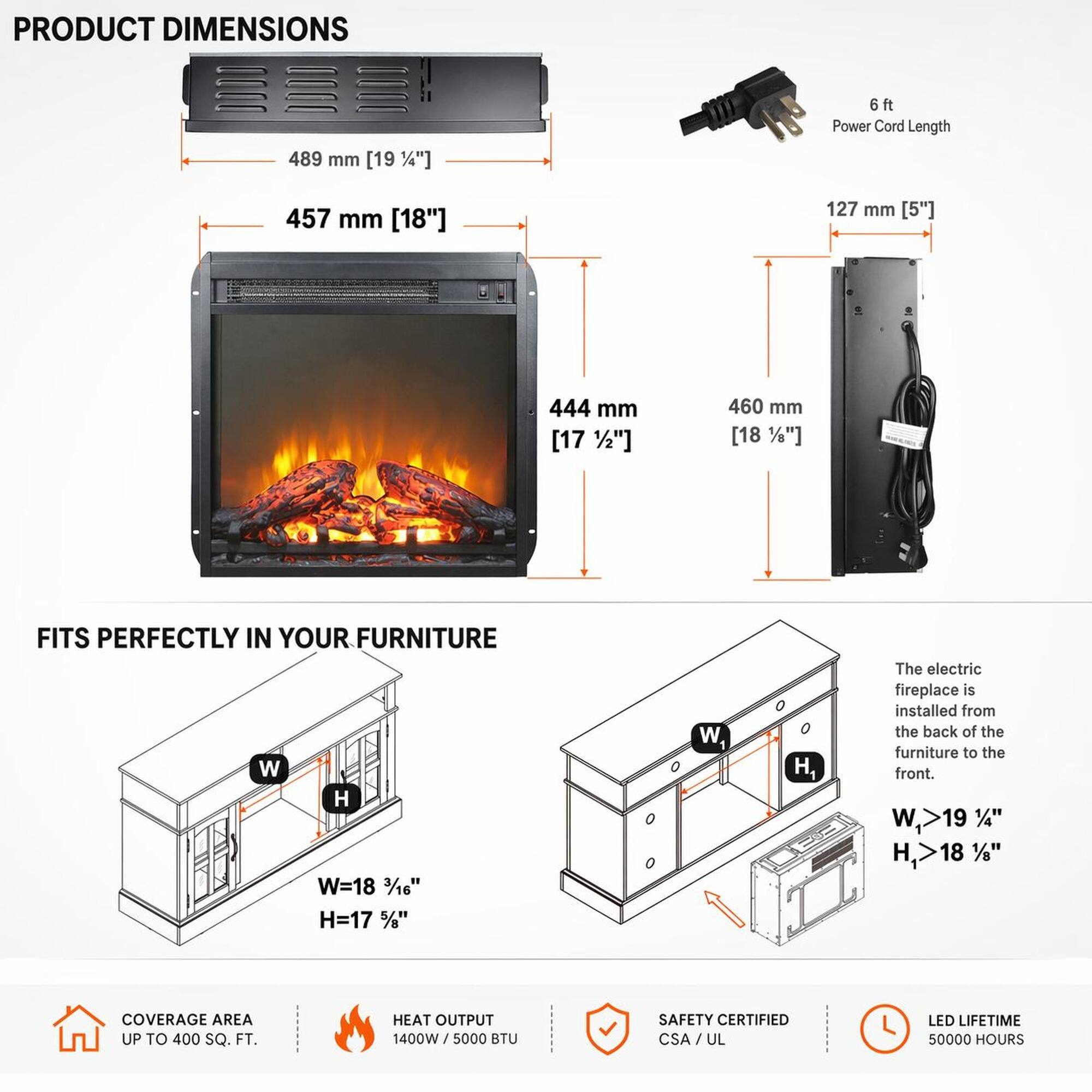 PRODUCT DIMENSIONS  
489 mm [19 1/4"]  
457 mm [18"]  
127 mm [5"]  
444 mm [17 1/2"]  
460 mm [18 1/2"]  

FITS PERFECTLY IN YOUR FURNITURE  
W=18 3/16"  
H=17 5/8"  

The electric fireplace is installed from the back of the furniture to the front.  
W,>19 1/4"  
H,>18 1/8"  

COVERAGE AREA UP TO 400 SQ. FT.  
HEAT OUTPUT 1400W / 5000 BTU  
SAFETY CERTIFIED CSA / UL  
LED LIFETIME 50000 HOURS