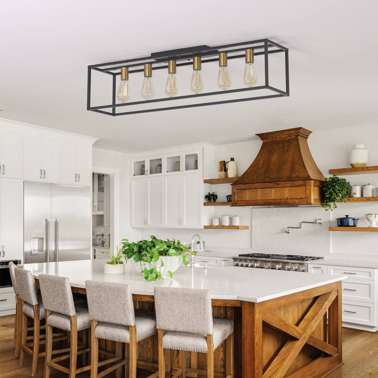 Angle. Umeiluce - 6 Lights Island Ceiling Flush Mount Light Cage Farmhouse Vintagle style for Dinning Room Asile Black and Brass Finsh - Black and Brass.