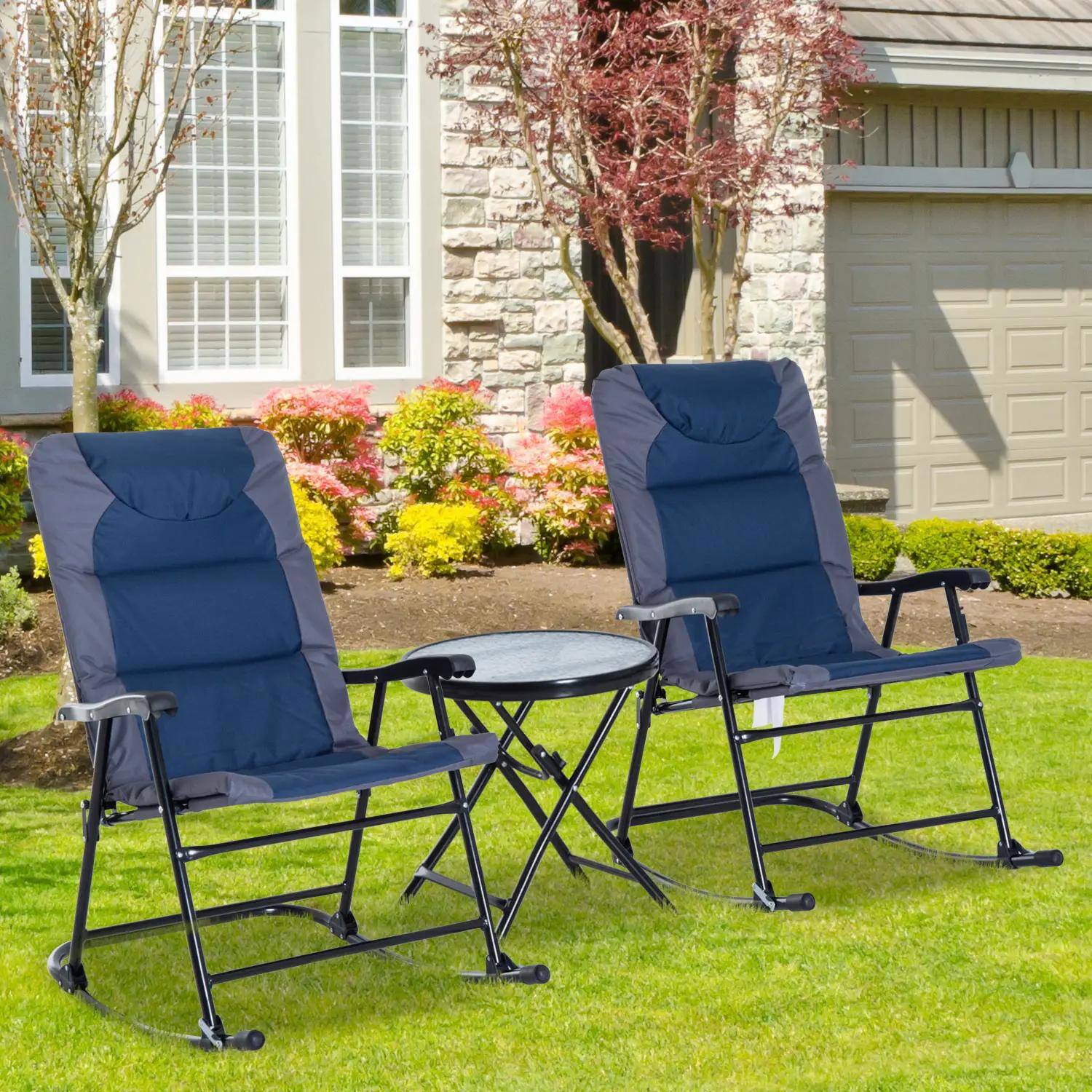 Alt View 2. Resenkos - Resenkos 3-Piece Outdoor Rocking Chair Set, Portable Folding Patio Furniture for Relaxing, Navy Blue - Navy Blue.
