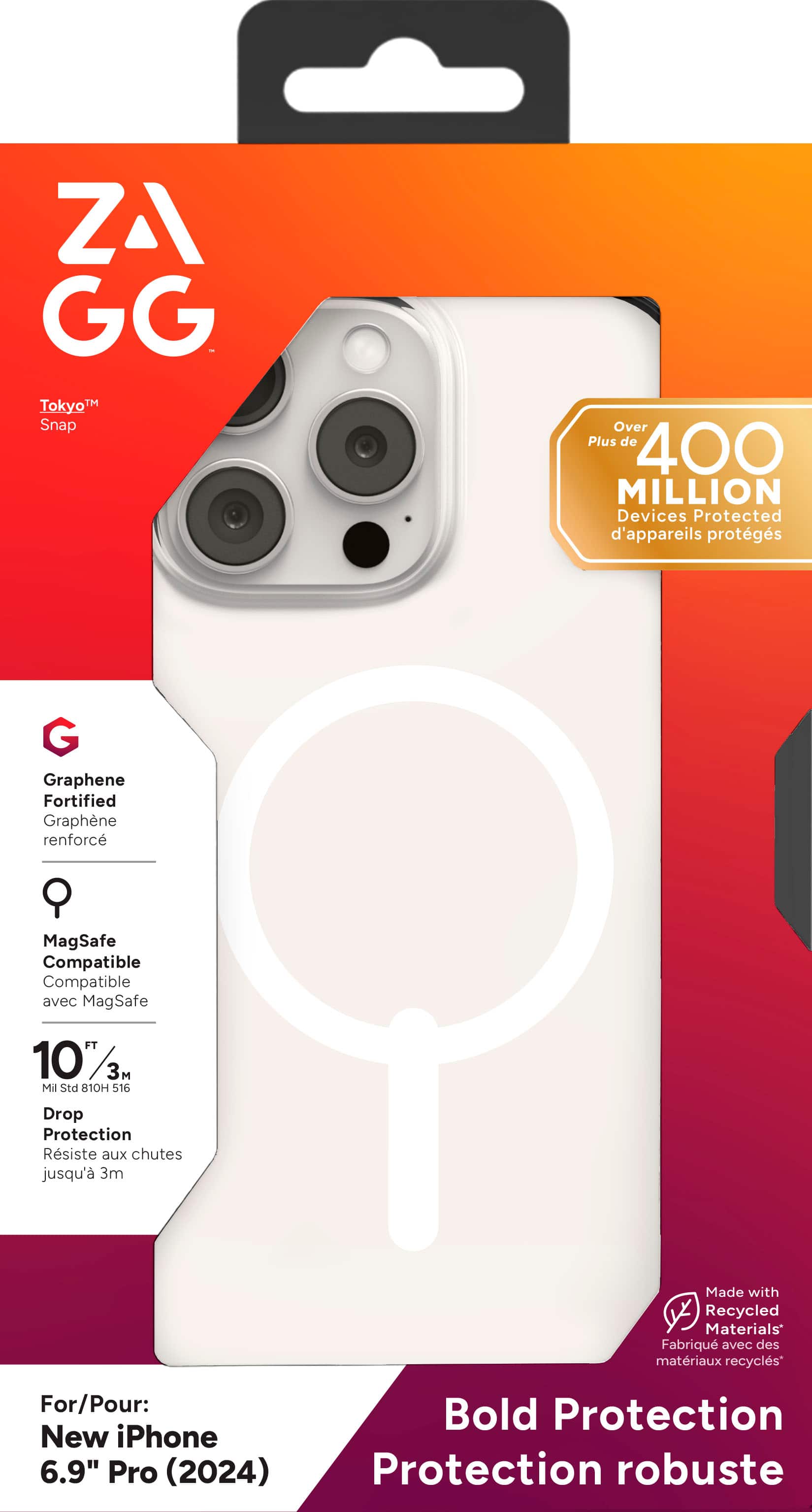 ZAGG GG TokyoTM IM Snap Over Plus de 400 MILLION Devices Protected d'appareils protgs G Graphene Fortified Graphne renforc MagSafe Compatible Compatible avec MagSafe FT 10' 3M Mil Std 10H 516 Drop Protection Résiste aux chutes jusqu' 3m Made with Recycled Materials Fabriqu avec des matriaux recycls For/Pour: New iPhone 6.9" Pro (2024) Bold Protection Protection robuste