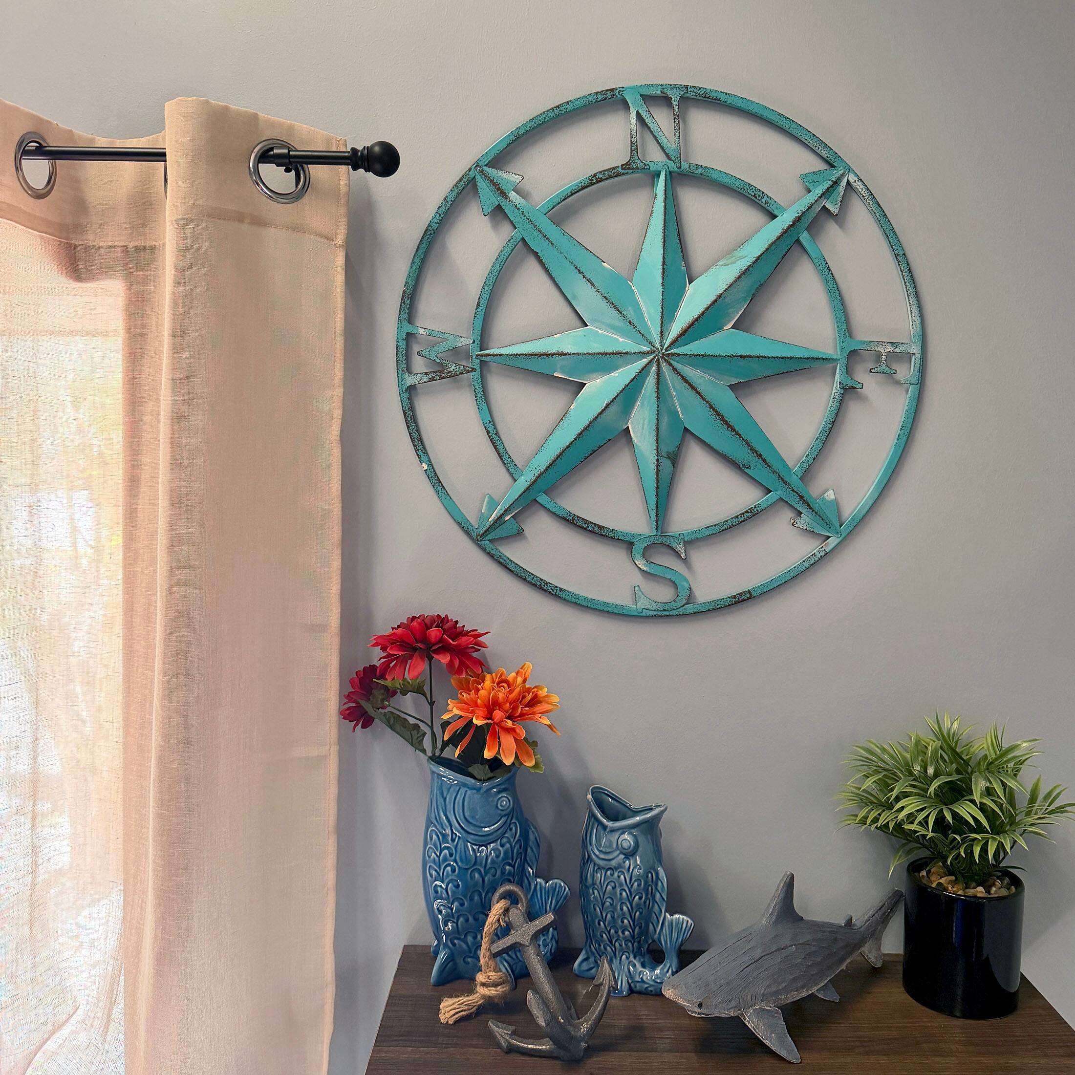 Alt View 3. Zeckos - Aqua Metal Compass Rose Wall Decor 20.25 inch Coastal Nautical Beach Art - Aqua.