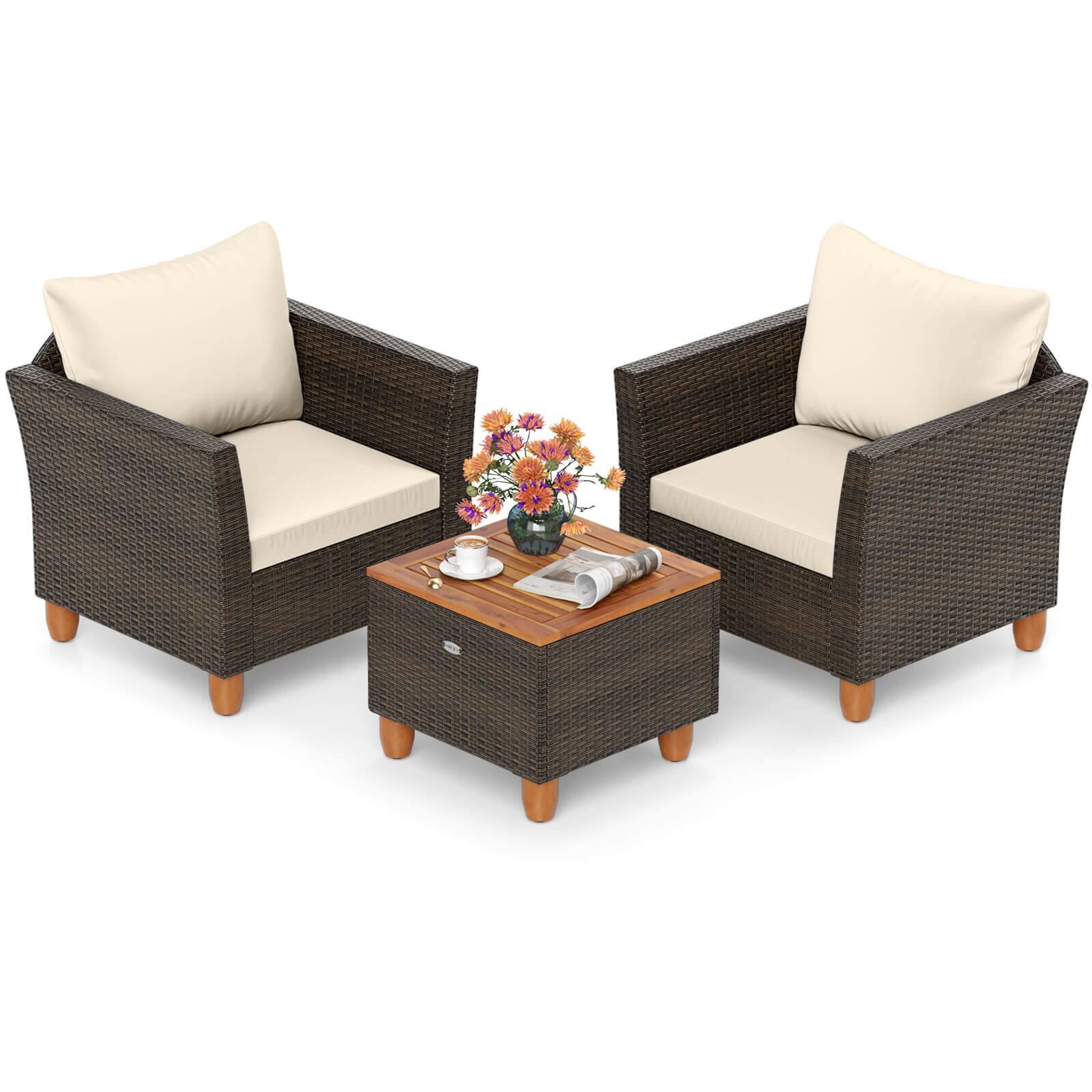 Alt View 9. Costway - Costway 3 PCS Outdoor Patio Rattan Bistro Furniture Set Wooden Table Top Cushioned Sofa - Beige.