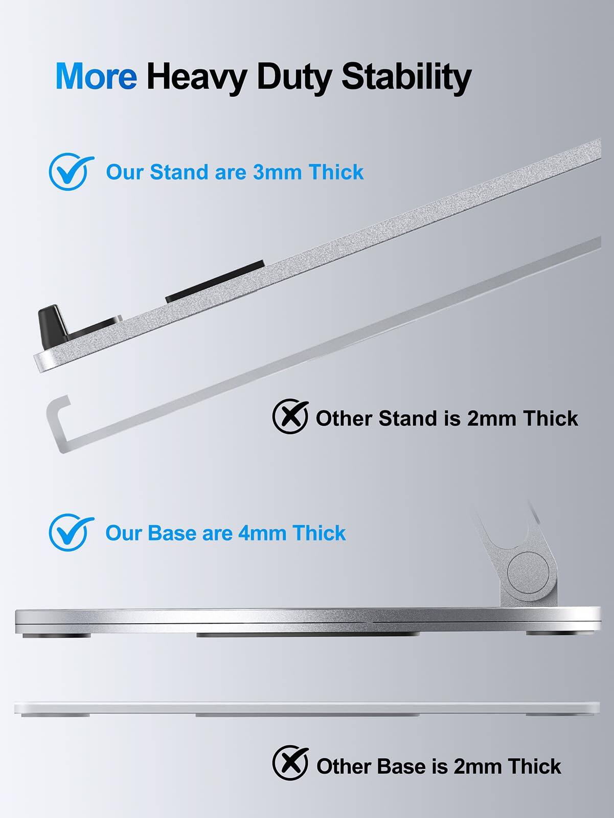 More Heavy Duty Stability

- Our Stand are 3mm Thick
- Other Stand is 2mm Thick
- Our Base are 4mm Thick
- Other Base is 2mm Thick