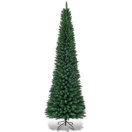 WELLFOR - 7 ft Artificial Christmas Tree, Hinged Slim Pencil Xmas Tree with Metal Stand - Green