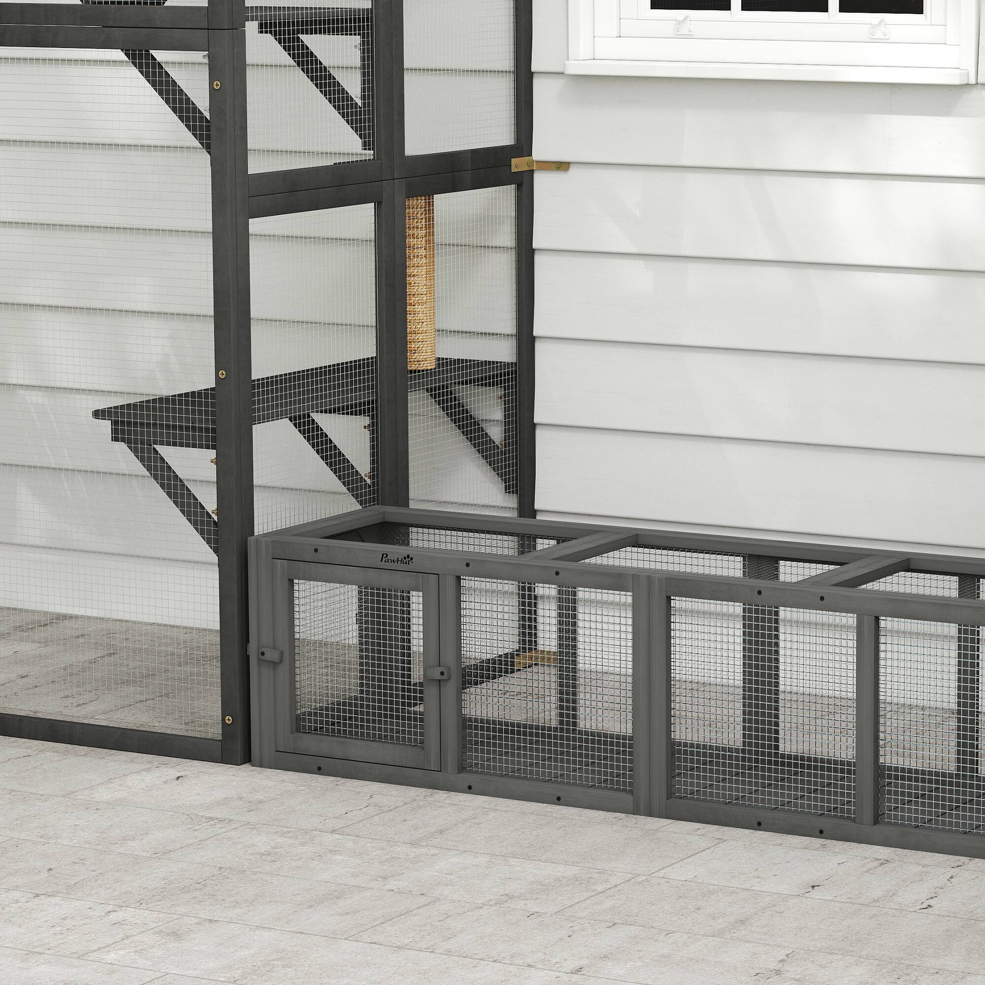 Alt View 8. Pawhut - Cat Tunnel, 59" Wooden Play Cat Enclosure, Extendable Pet Run with 3 Doors for Kitty - Gray.