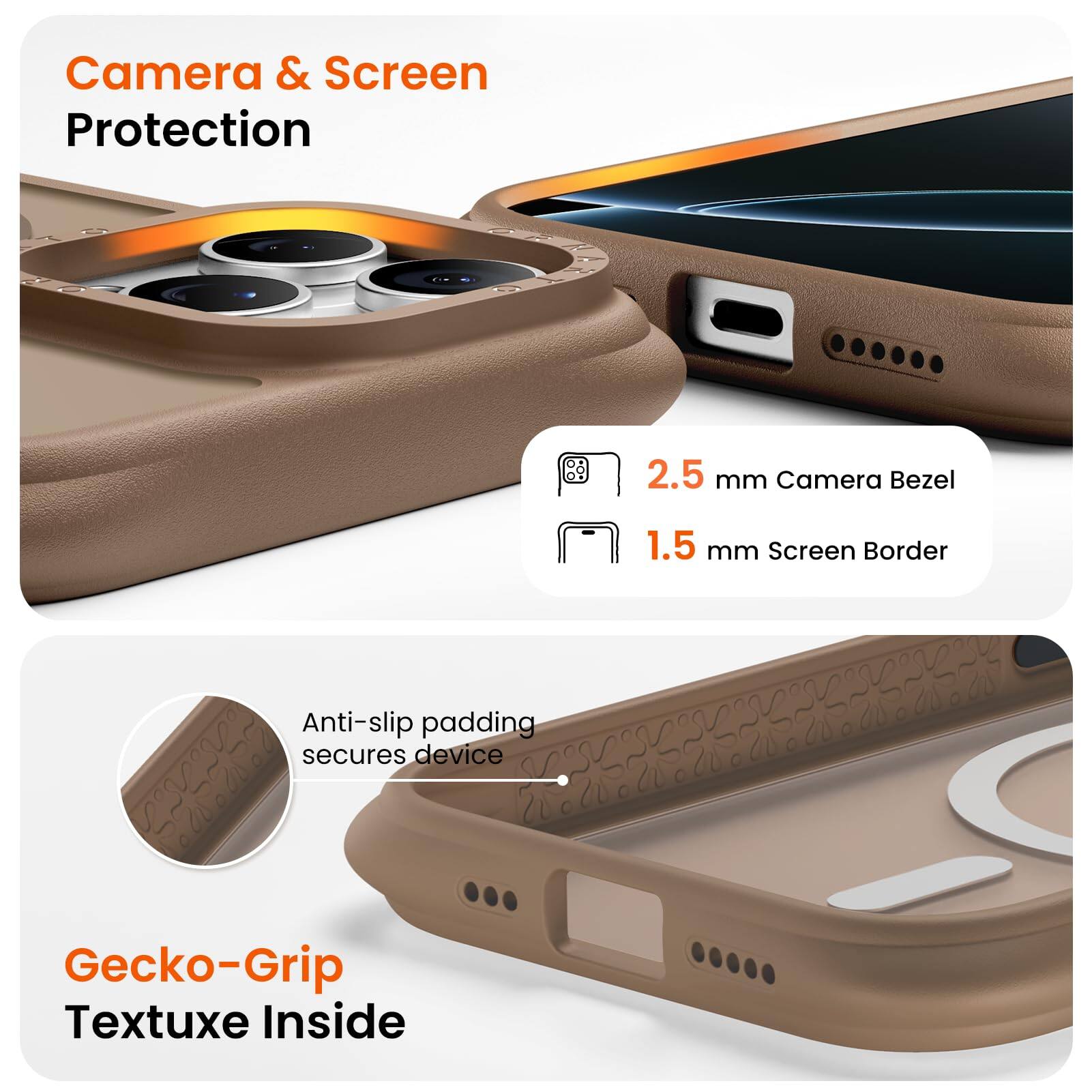 Camera & Screen Protection  
2.5 mm Camera Bezel  
1.5 mm Screen Border  
Anti-slip padding secures device  
Gecko-Grip Textuxe Inside