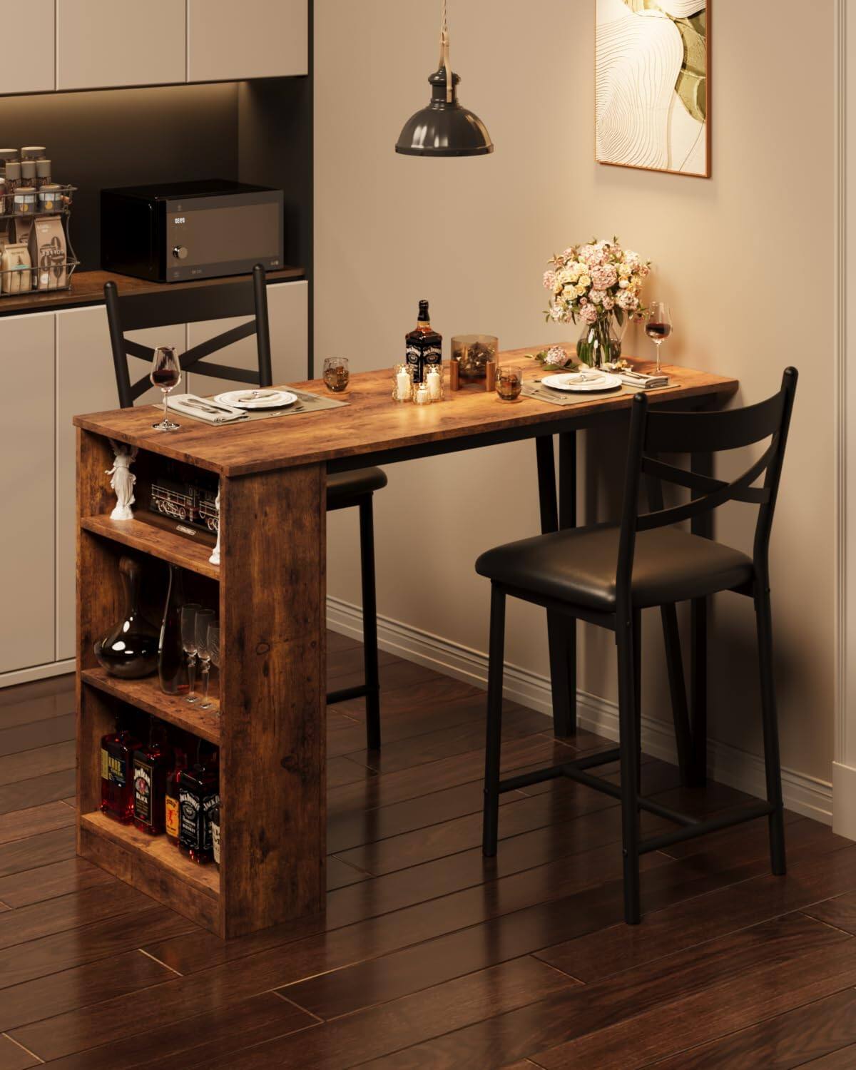 Angle. Qeetex - 2-4 Person Bar Table Set with 16" Wide Cushions & Flip-Top Extension, Durable for Dining - Brown.