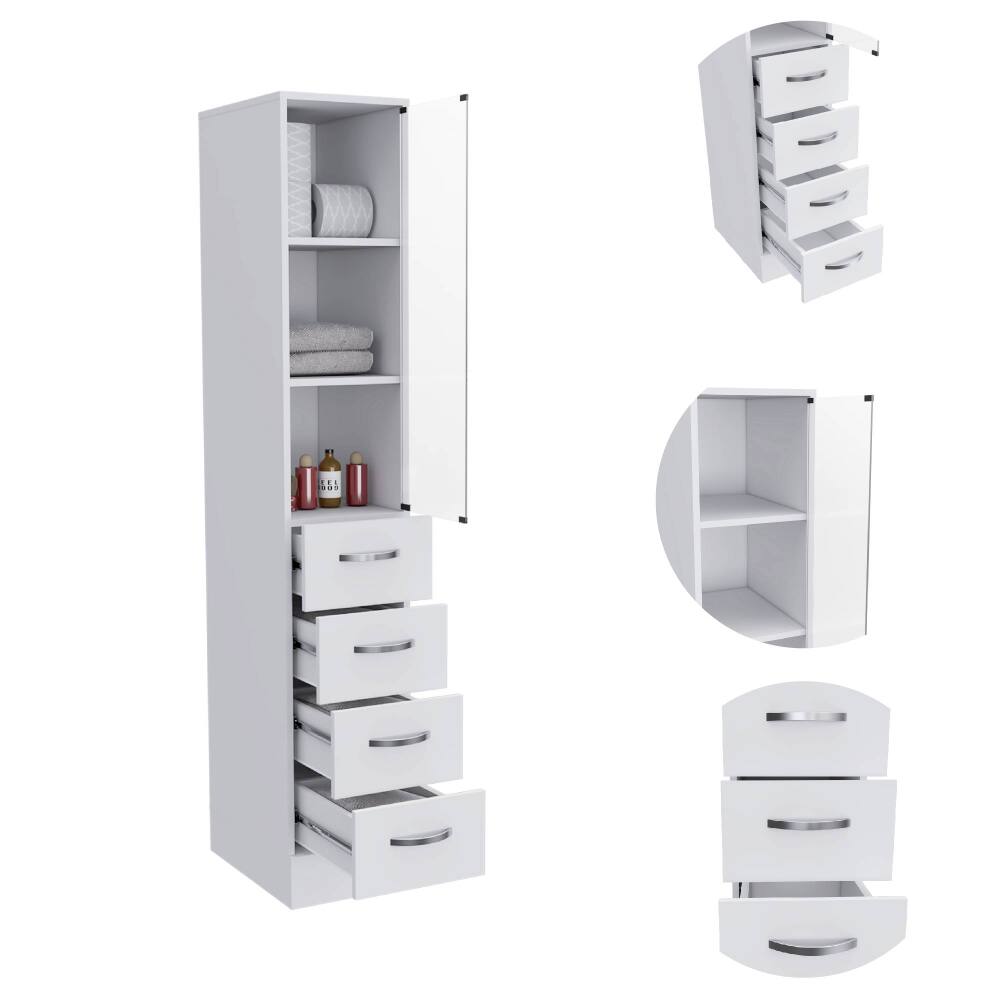 Left. TinyHomie - Linen Cabinet 68in H Three Shelves Four Drawers and Metal handles White - White.
