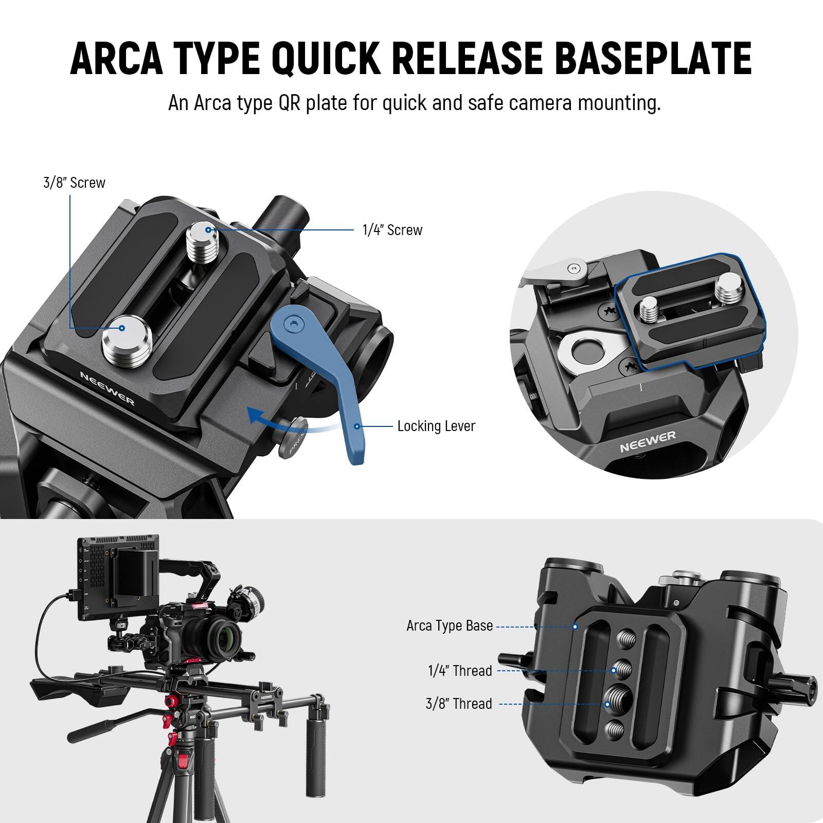 ARCA TYPE QUICK RELEASE BASEPLATE

An Arca type QR plate for quick and safe camera mounting.

- 3/8" Screw
- 1/4" Screw
- Locking Lever
- Arca Type Base
- 1/4" Thread
- 3/8" Thread