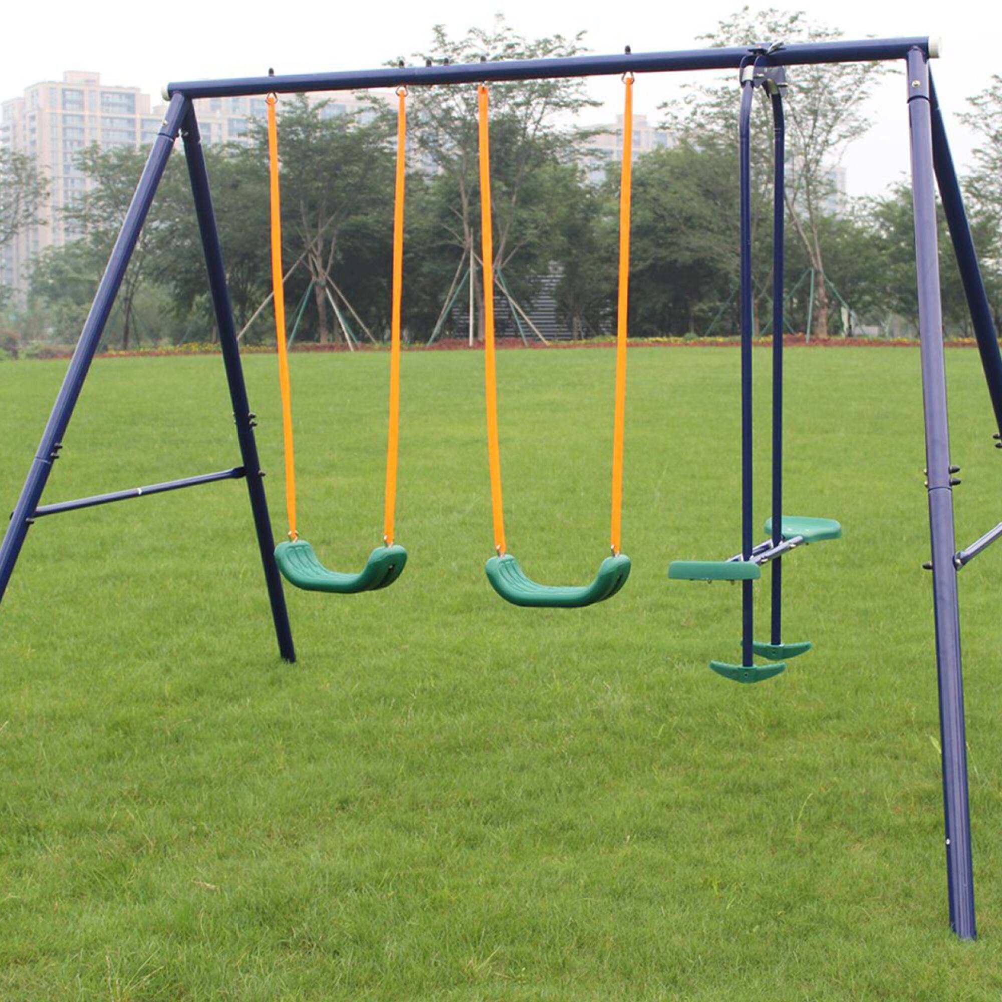 Front. ELEMENT ACE - Outdoor Metal Swing Set with Glider and Multiple Swings for Backyard Playground Fun.