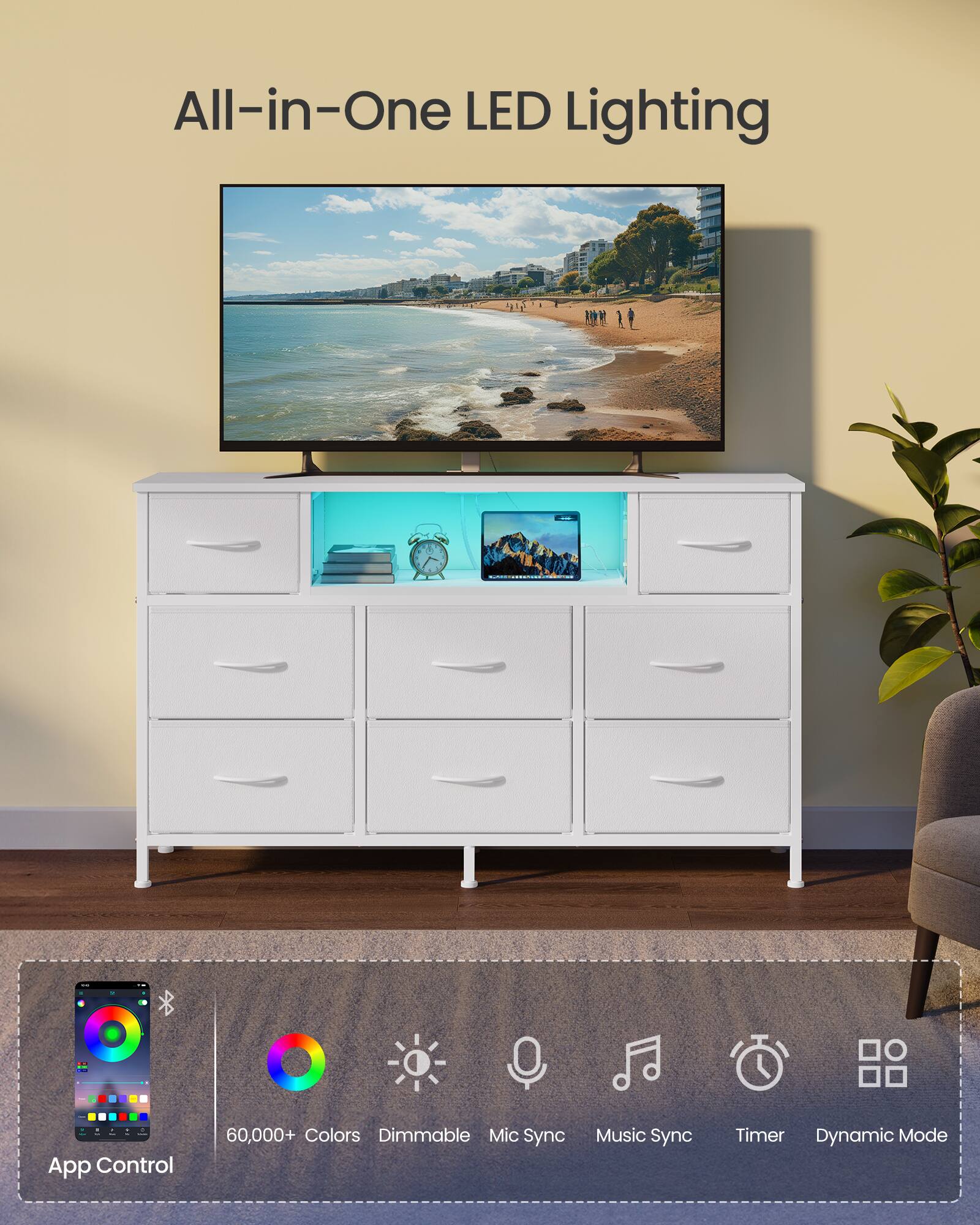 All-in-One LED Lighting

App Control

60,000+ Colors Dimmable

Mic Sync

Music Sync

Timer

Dynamic Mode