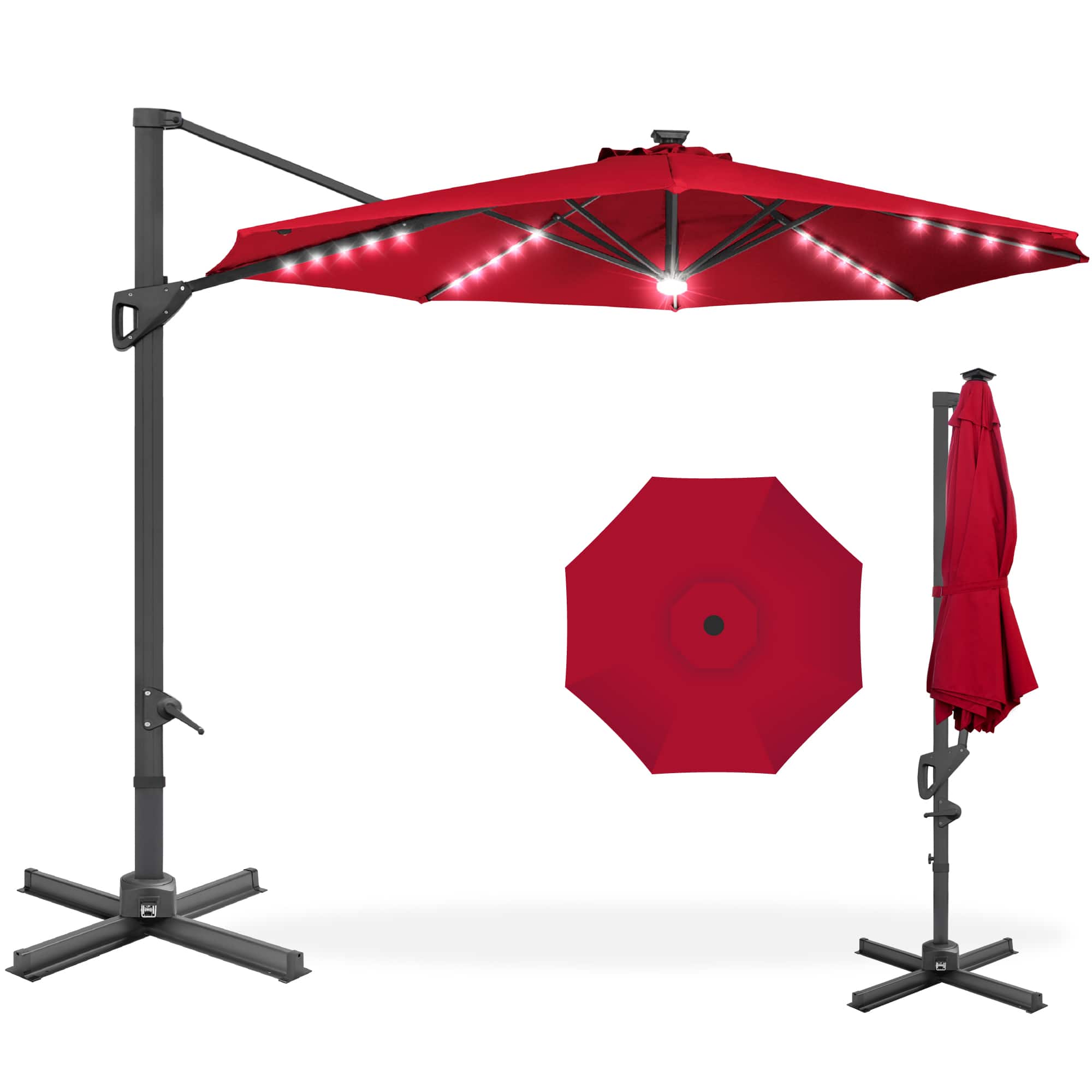Front. Best Choice Products - Best Choice Products 10ft 360-Degree Solar LED Lit Cantilever Patio Umbrella, Outdoor Hanging Shade - Red - Red.