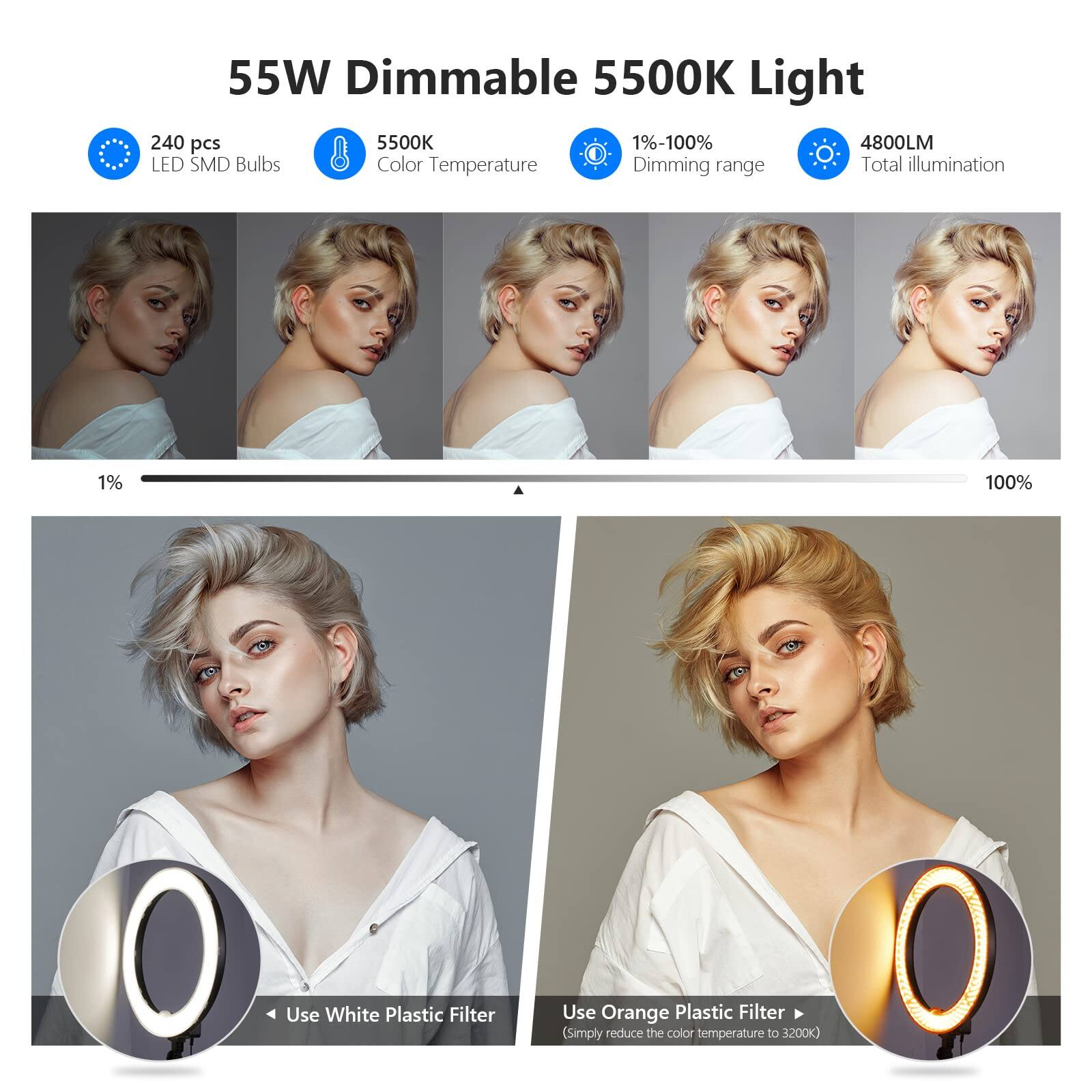 55W Dimmable 5500K Light  
240 pcs  
5500K  
1%-100%  
4800LM  
LED SMD Bulbs  
Color Temperature  
Dimming range  
Total illumination  
1% 100%  
Use White Plastic Filter  
Use Orange Plastic Filter  
(Simply reduce the color temperature to 3200K)