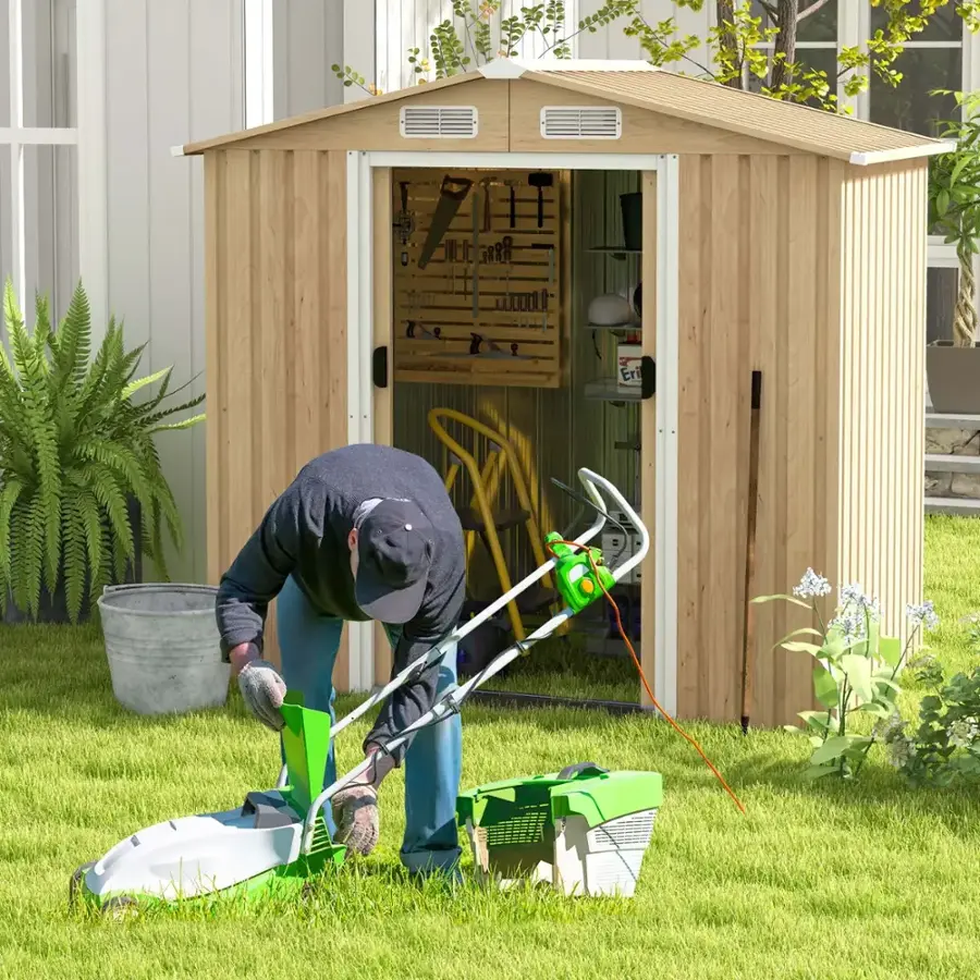 Alt View 9. Costway - 6 x 4 FT Outdoor Storage Shed Galvanized Steel Shed with Sliding Doors Wood Grain - Natural.