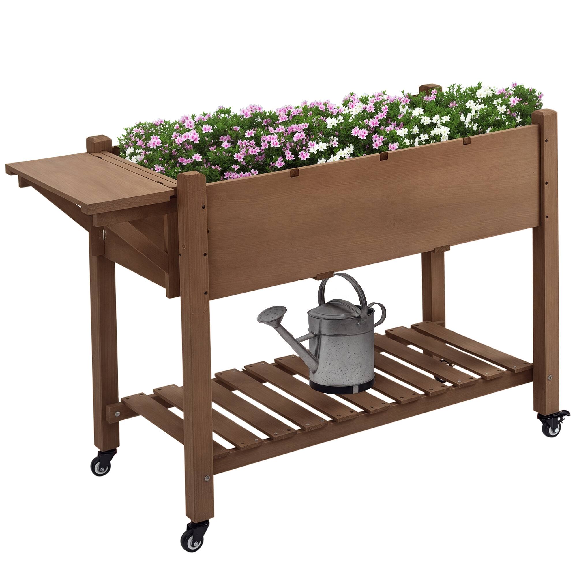 Front. Outsunny - Raised Garden Bed with 8 Grow Grids, Wooden Outdoor Plant Box Stand with Folding Side Table and Wheels - Brown.