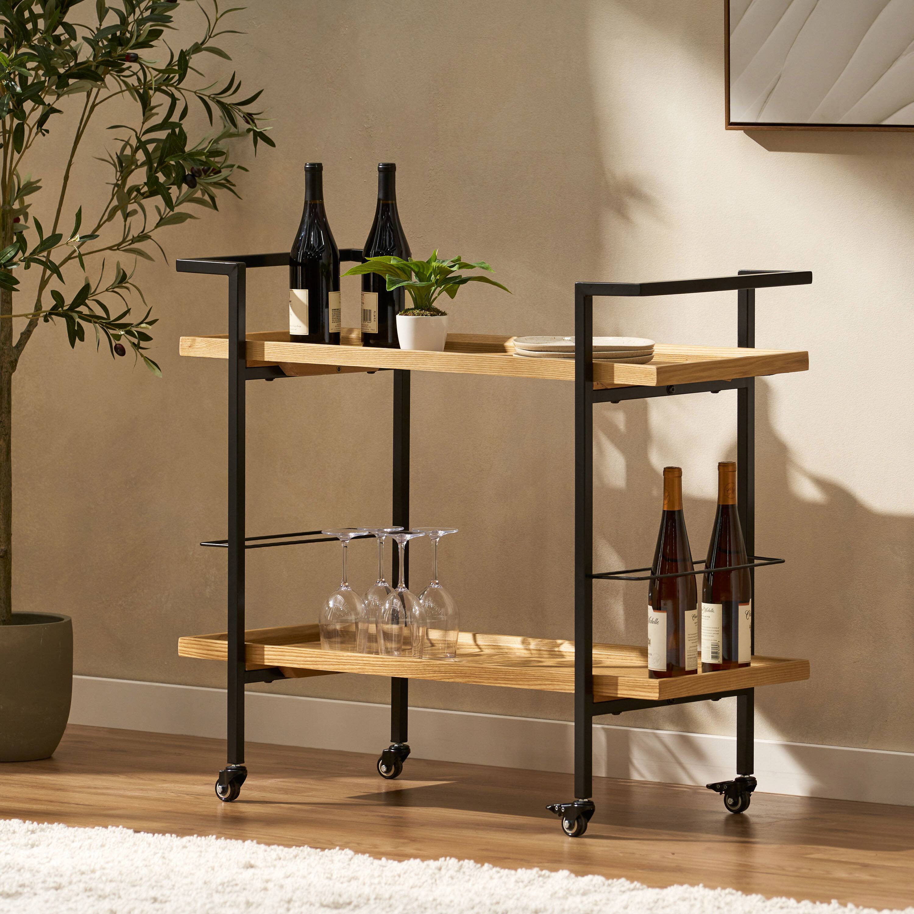 Alt View 4. Spaco - Spaco Modern Industrial Bar Cart, Wood Look Powder Coat, 2-Tier Shelves, Locking Casters, Wine Bottle Holder - Walnut.
