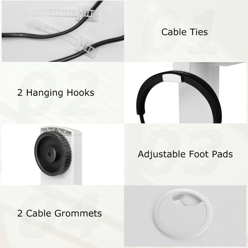 - Cable Ties
- 2 Hanging Hooks
- Adjustable Foot Pads
- 2 Cable Grommets