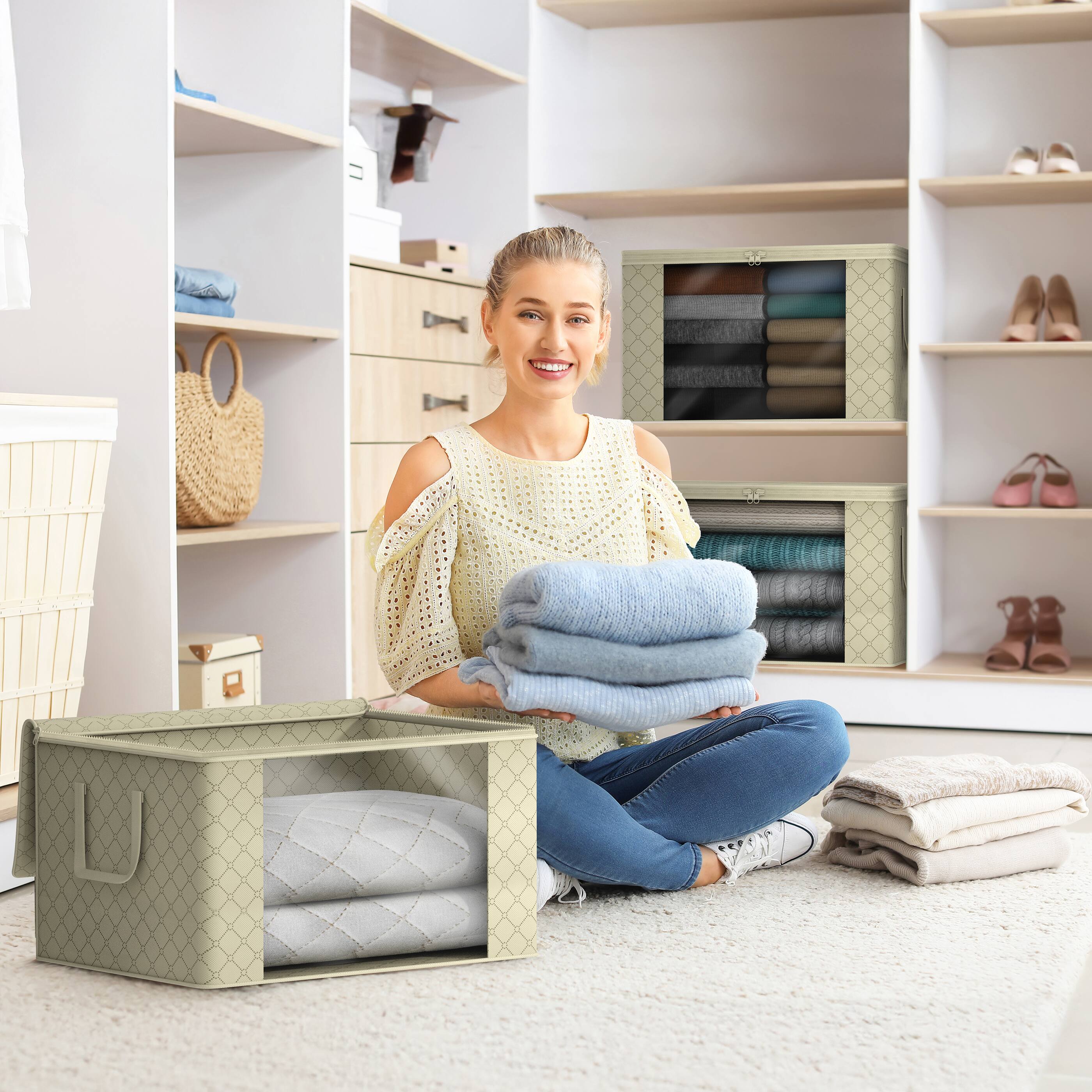 Angle. Sorbus - Sorbus Foldable Storage Bag Organizers, Large Clear Window, Carry Handles great for Clothes, Blankets, Closets, Bedrooms - Beige.