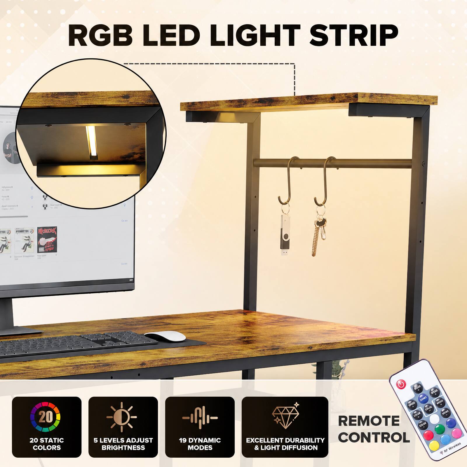 RGB LED LIGHT STRIP

- 20 STATIC COLORS
- 5 LEVELS ADJUST BRIGHTNESS
- 19 DYNAMIC MODES
- REMOTE CONTROL
- EXCELLENT DURABILITY & LIGHT DIFFUSION