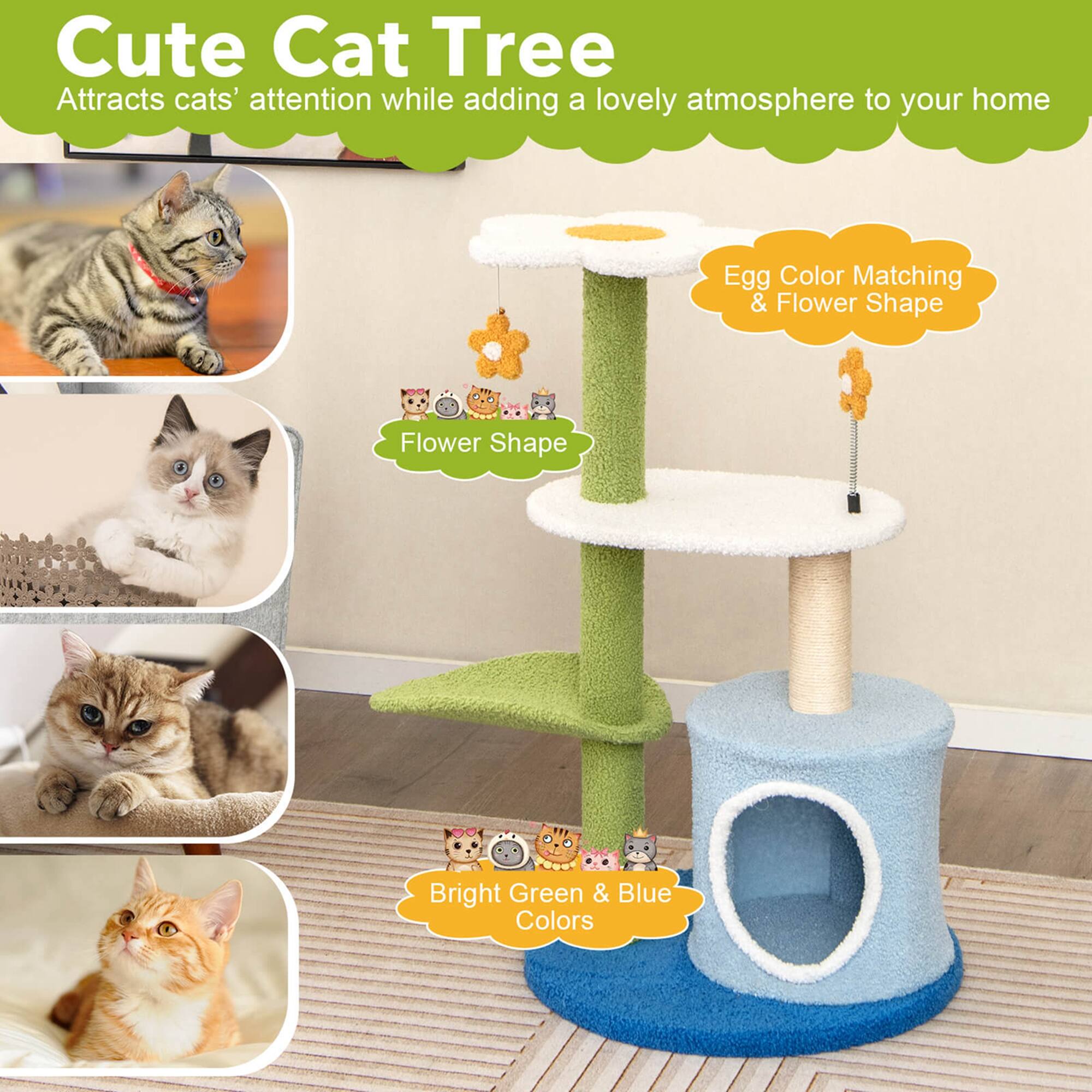 Cute Cat Tree, Attracts cats' attention while adding a lovely atmosphere to your home, Egg Color Matching & Flower Shape, Flower Shape, Bright Green & Blue Colors
