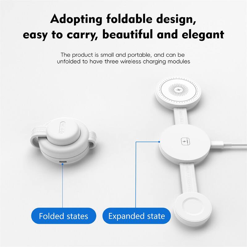 Adopting foldable design, easy to carry, beautiful and elegant

The product is small and portable, and can be unfolded to have three wireless charging modules

Folded states
Expanded state