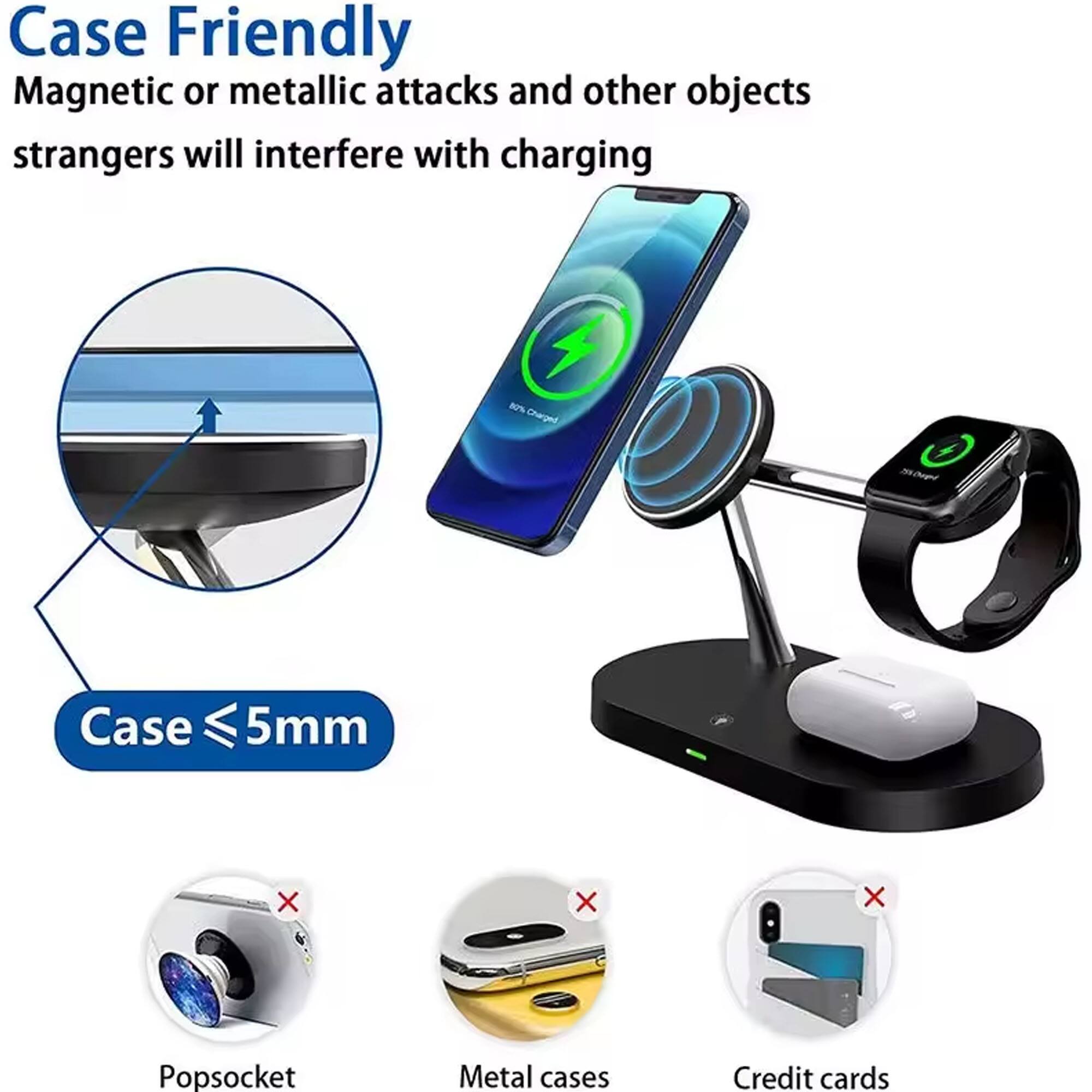 **Case Friendly**

Magnetic or metallic attacks and other objects strangers will interfere with charging

- **Case ≤5mm**

- **Popssocket**
- **Metal cases**
- **Credit cards**
