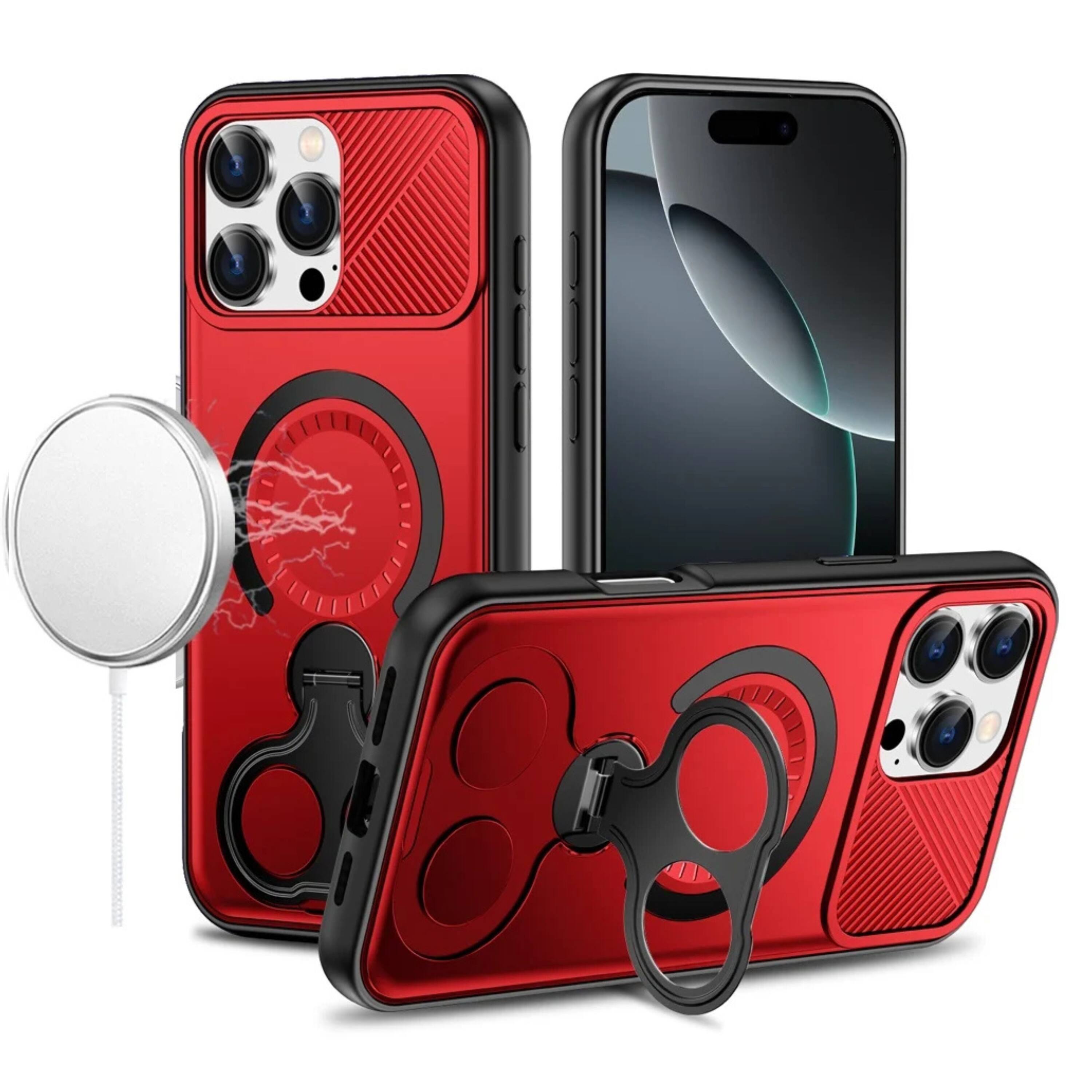 Front. Kitcheniva - Magnetic Circle Dual 360 Degree Ring Stand Phone Case With Tempered Glass For iPhone 16 Pro Max Red - Red.