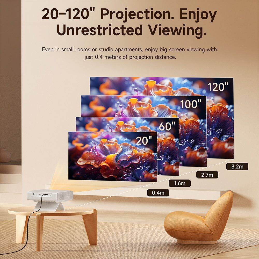 20-120" Projection. Enjoy Unrestricted Viewing. Even in small rooms or studio apartments, enjoy big-screen viewing with just 0.4 meters of projection distance.

120" 100" 60" 20"

1.6m 2.7m 3.2m 0.4m