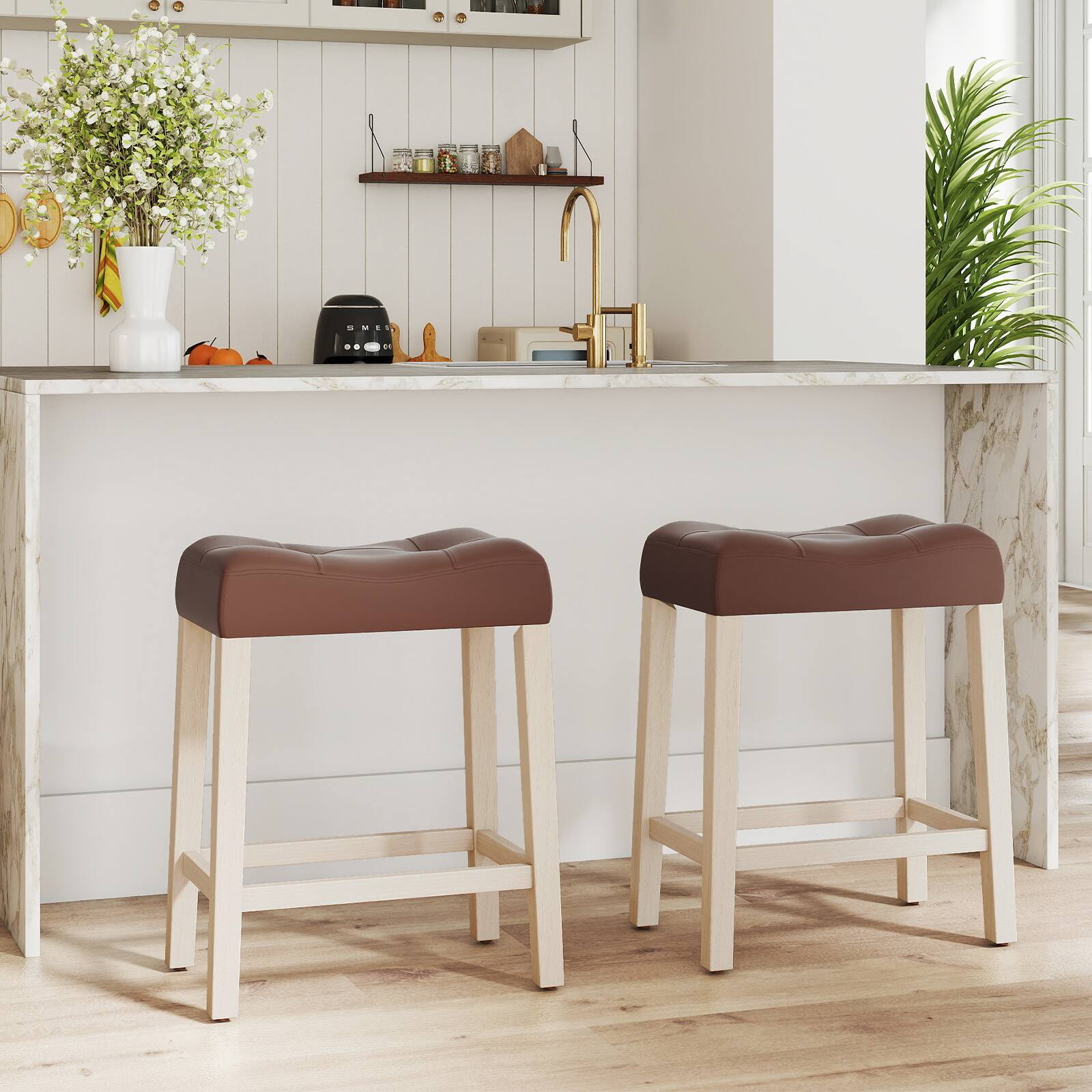 Alt View 5. Gymax - Gymax 24'' Saddle Bar Stools Set of 4 w/ Footrest Rubber Wood Frame for Kitchen Island Natural - Yellow.