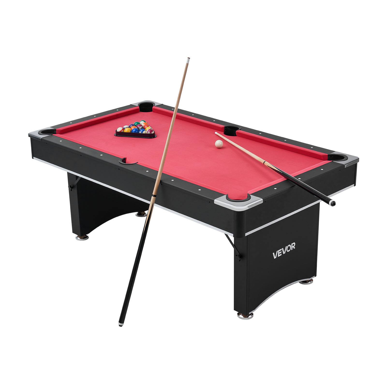 Front. VEVOR - Pool Table, 6 ft Portable Billiards Tables, Adjustable Feet Stable Game Table, Entertainment Set Includes Ball, Cue - Black + Red.