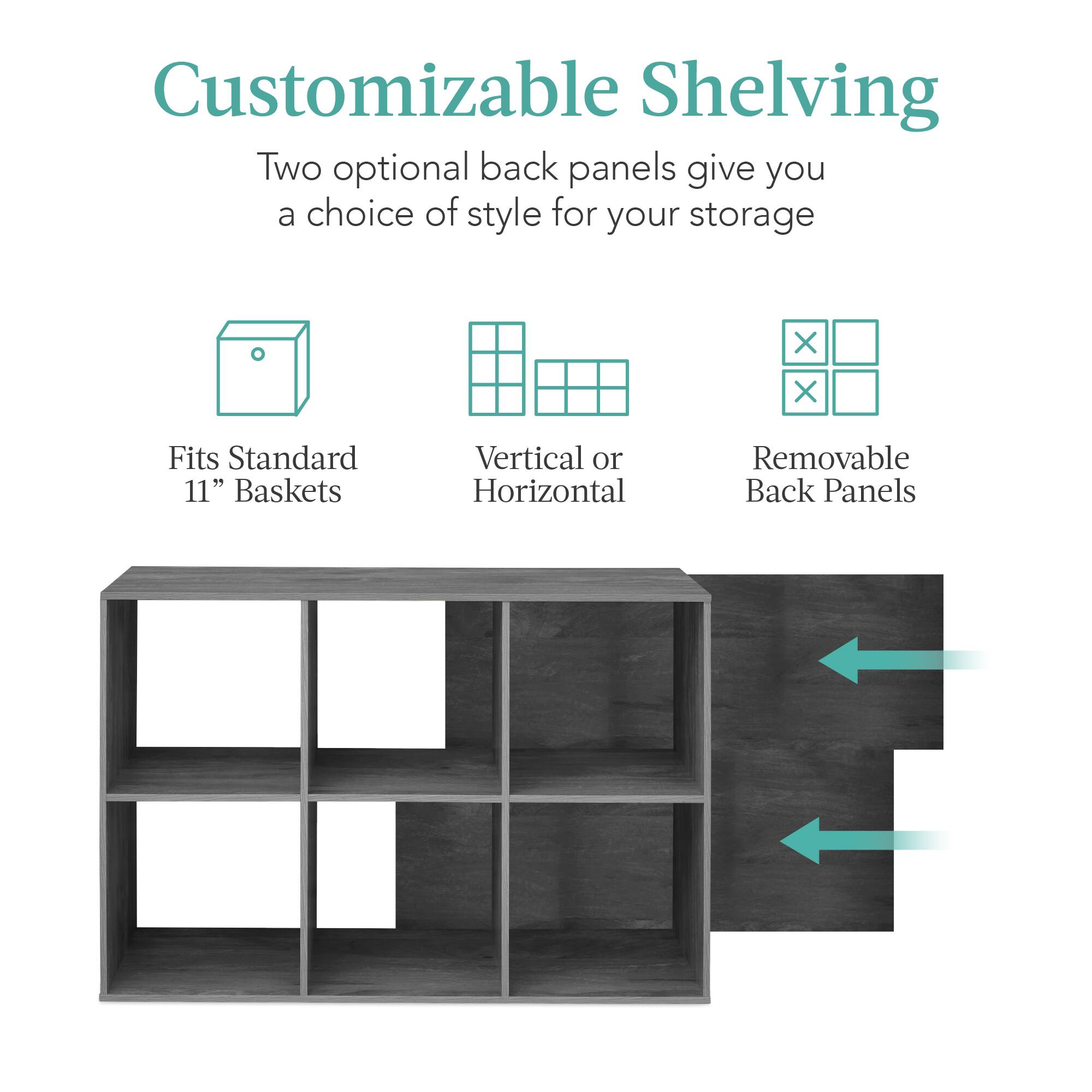 Customizable Shelving

Two optional back panels give you a choice of style for your storage.

- Fits Standard 11" Baskets
- Vertical or Horizontal
- Removable Back Panels