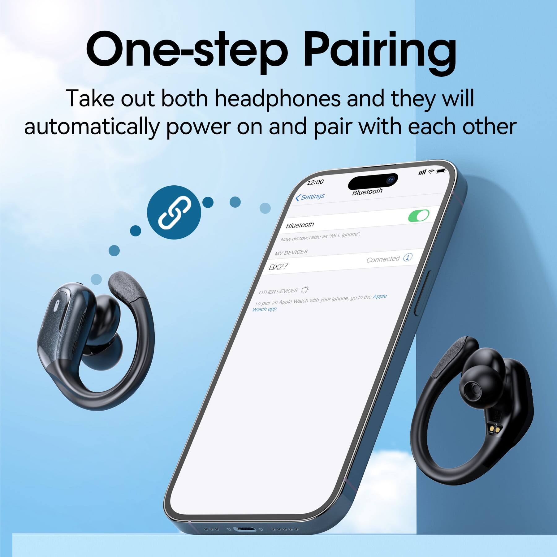 One-step Pairing  
Take out both headphones and they will automatically power on and pair with each other

12:00  
Settings  
Bluetooth  
Bluetooth - C phone  
Now discoverable as "MILL iPhone"  
MY DEVICES  
BX27  
Connected  
OTHER DEVICES  
To pair an Apple Watch with your iPhone, go to the Apple Watch app.
