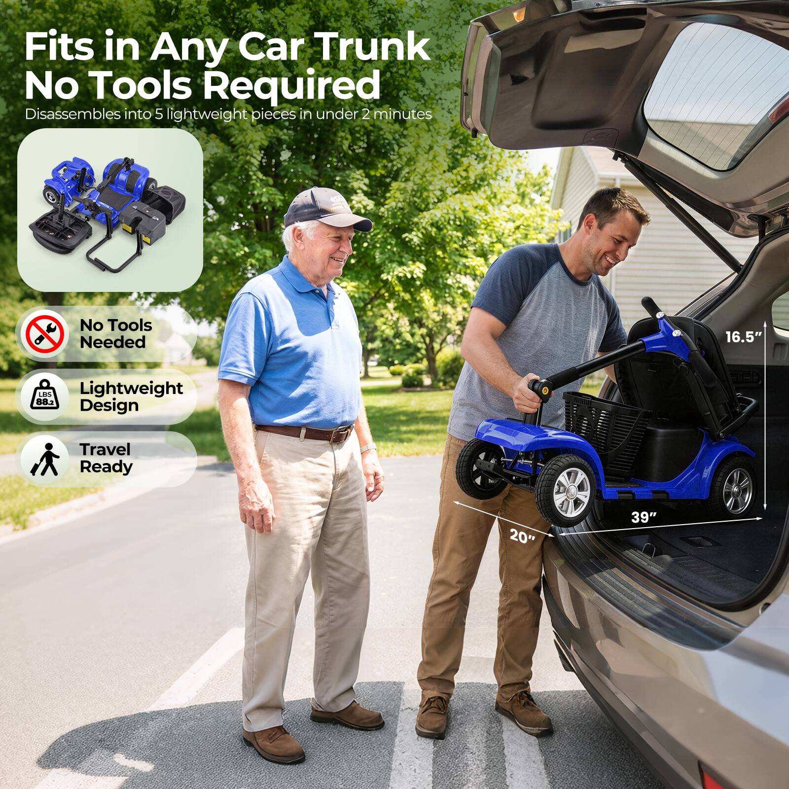 Fits in Any Car Trunk  
No Tools Required  
Disassembles into 5 lightweight pieces in under 2 minutes  

No Tools Needed  
Lightweight Design  
Travel Ready  

16.5" L x 20" W x 39" H