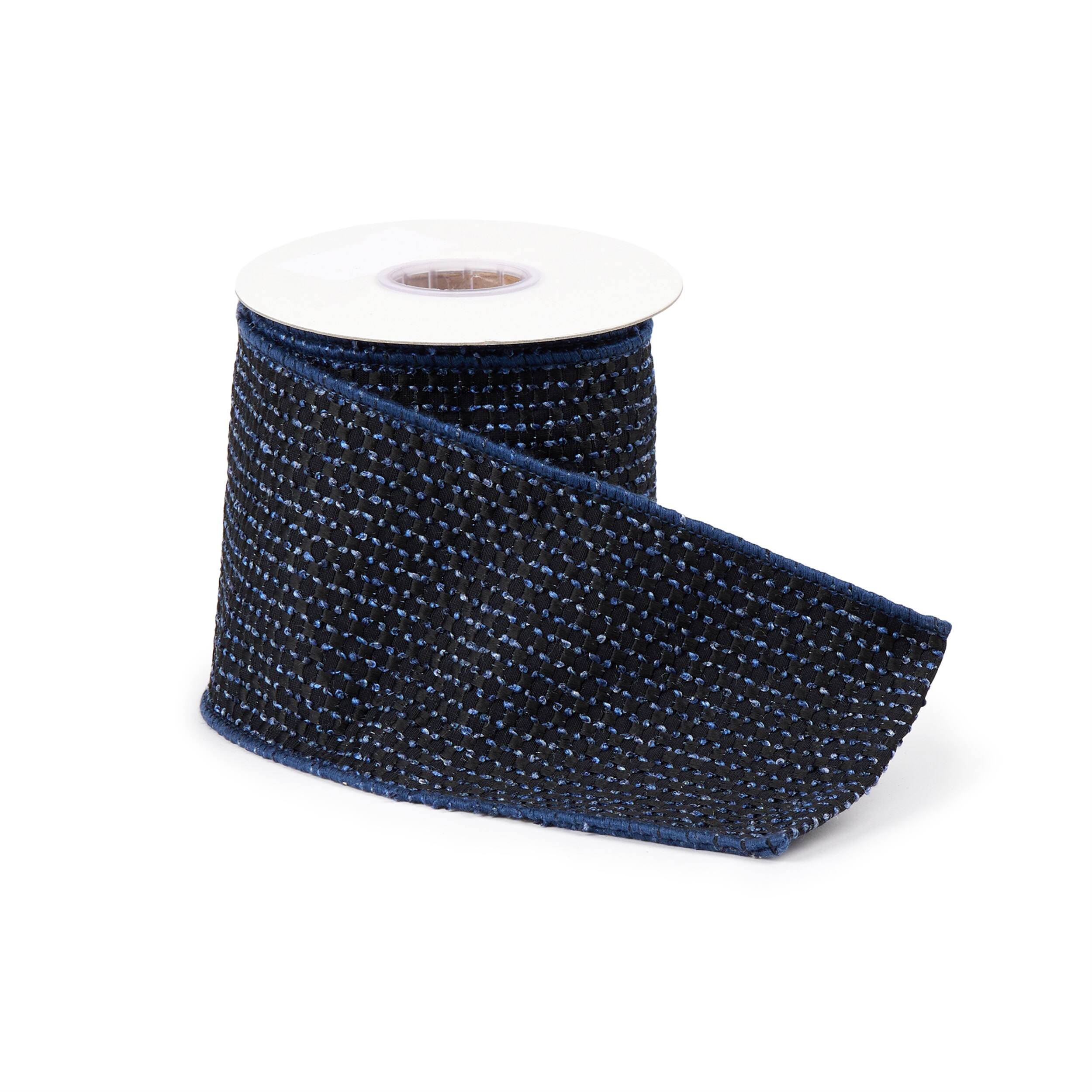 Left. BreeBe - Navy Blue Woven Wired Ribbon (Set of 2) - Blue.