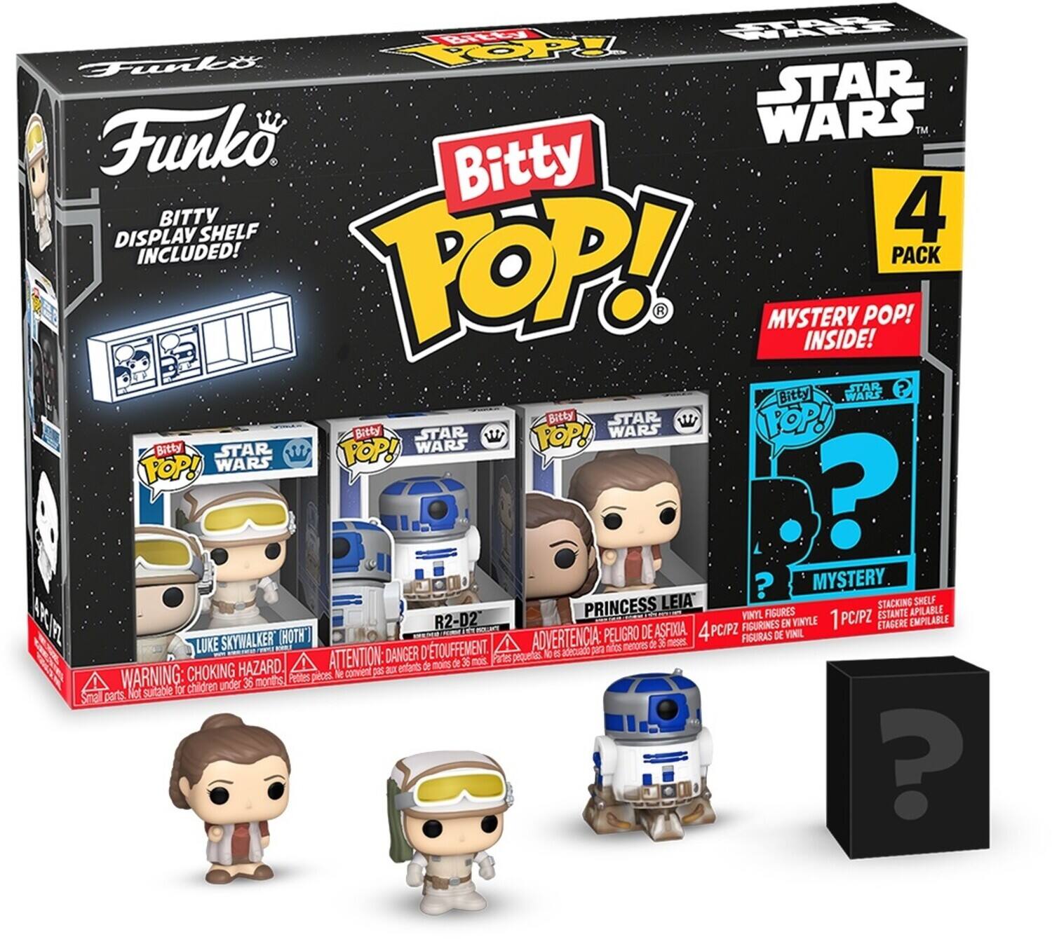 Funko, Bitsy Pop!, Star Wars, 4 Pack, Mystery Pop! Inside!, Bitsy Display Shelf Included!, Princess Leia, Luke Skywalker, R2-D2, 4 PC/PZ Vinyl Figures, 1 PC/PZ Stacking Shelf, 24/39, 1 Etagere Empilable, 35 months, Choking Hazard, Warning: Small parts not suitable for children under 36 months, Attention: Danger de détouffement, Peligro de asfixia, Vinyl Figures, Figurines en Vinyle