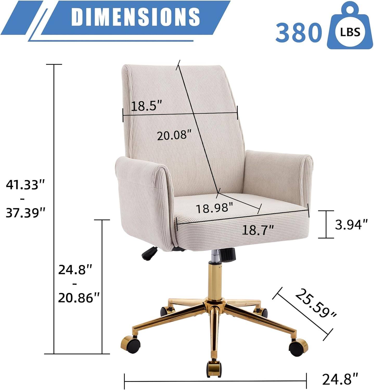 DIMENSIONS  
380 LBS  

- Height: 41.33" - 37.39"  
- Width: 20.08"  
- Depth: 24.8" - 20.86"  
- Seat Height: 18.98"  
- Seat Depth: 18.7"  
- Armrest Height: 18.5"  
- Back Height: 25.59"  
- Base Diameter: 24.8"  
- Seat Width: 18.98"  
- Seat Depth: 3.94"