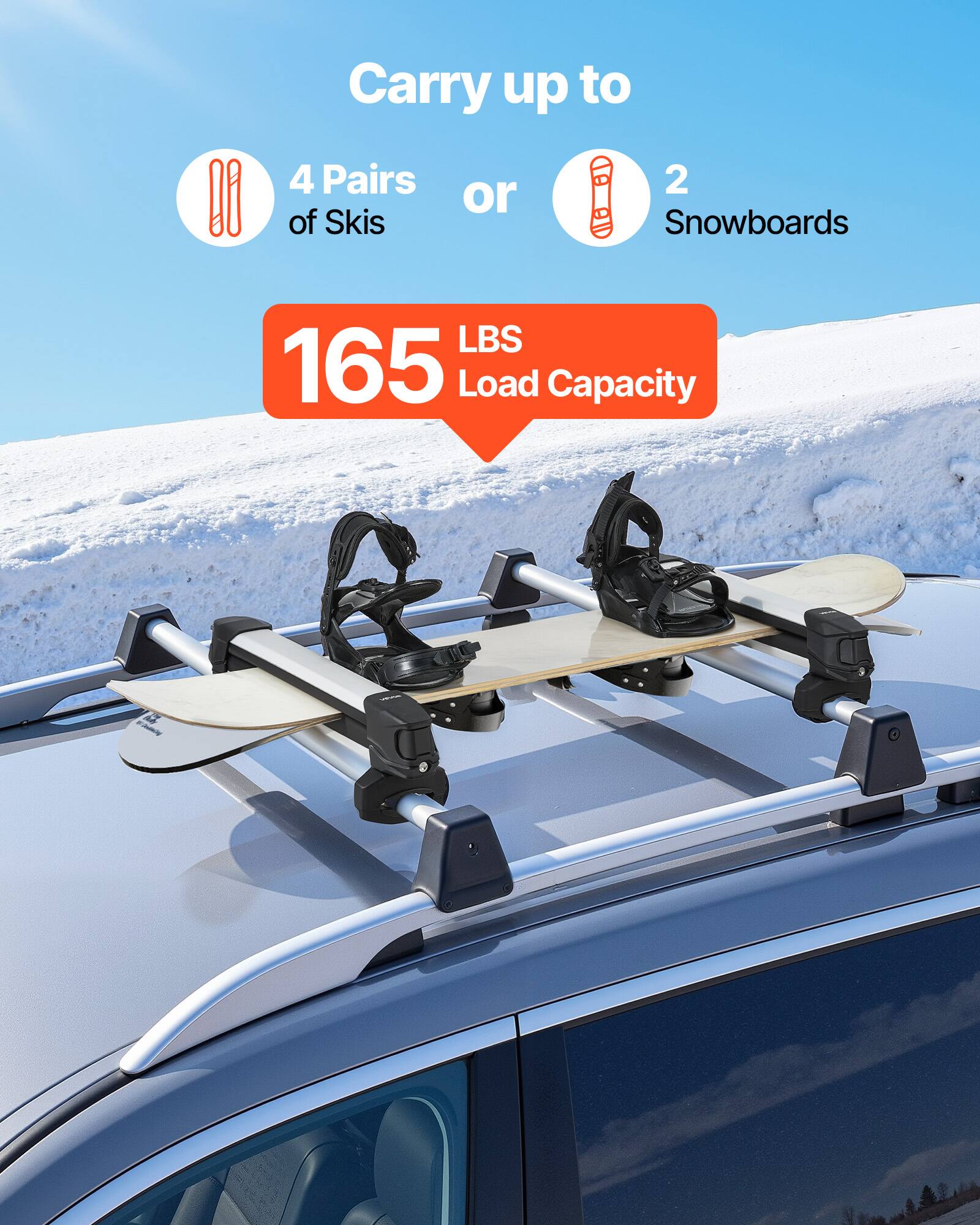 Carry up to 4 Pairs of Skis or 2 Snowboards  
LBS 165 Load Capacity