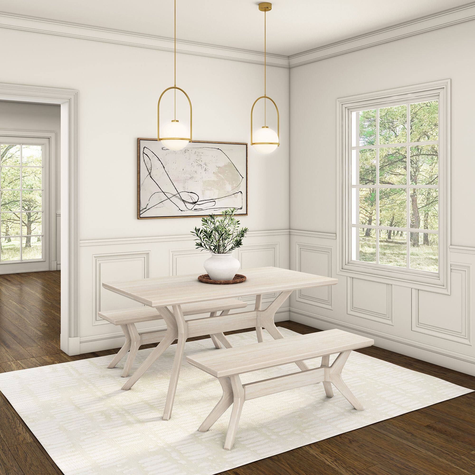 Alt View 4. Plank+Beam - Cross Leg Dining Room Bench (48in / 1220mm), White Sand Wirebrush - White Sand Wirebrush.