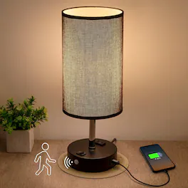 Stamp n Camp - Table Lamps with Motion Sensor and Constant on Two Modes USB Lamp with Warm Bulb Fabric Shade Built-in USB Port & AC - Gray