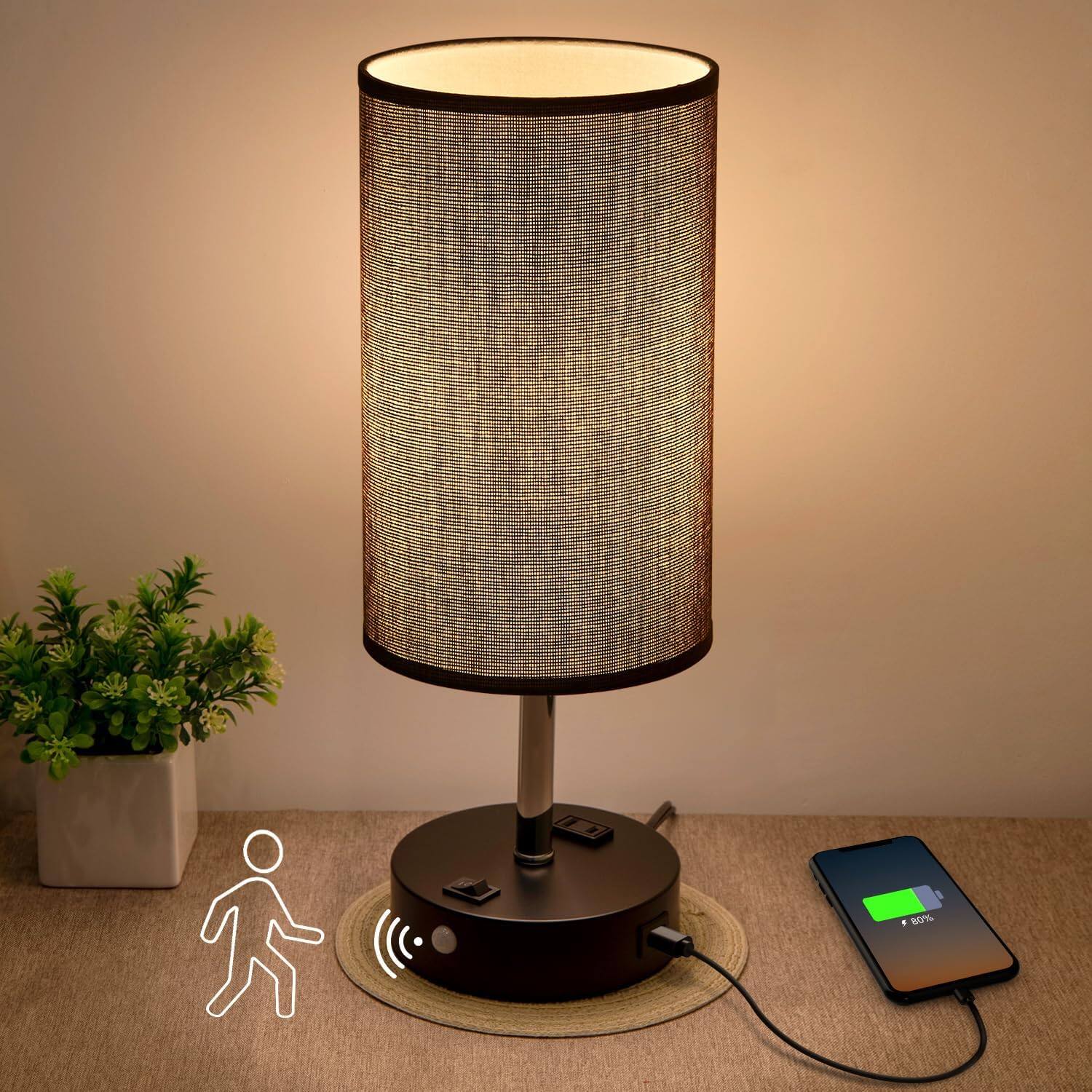 Stamp n Camp - Table Lamps with Motion Sensor and Constant on Two Modes USB Lamp with Warm Bulb Fabric Shade Built-in USB Port & AC - Gray
