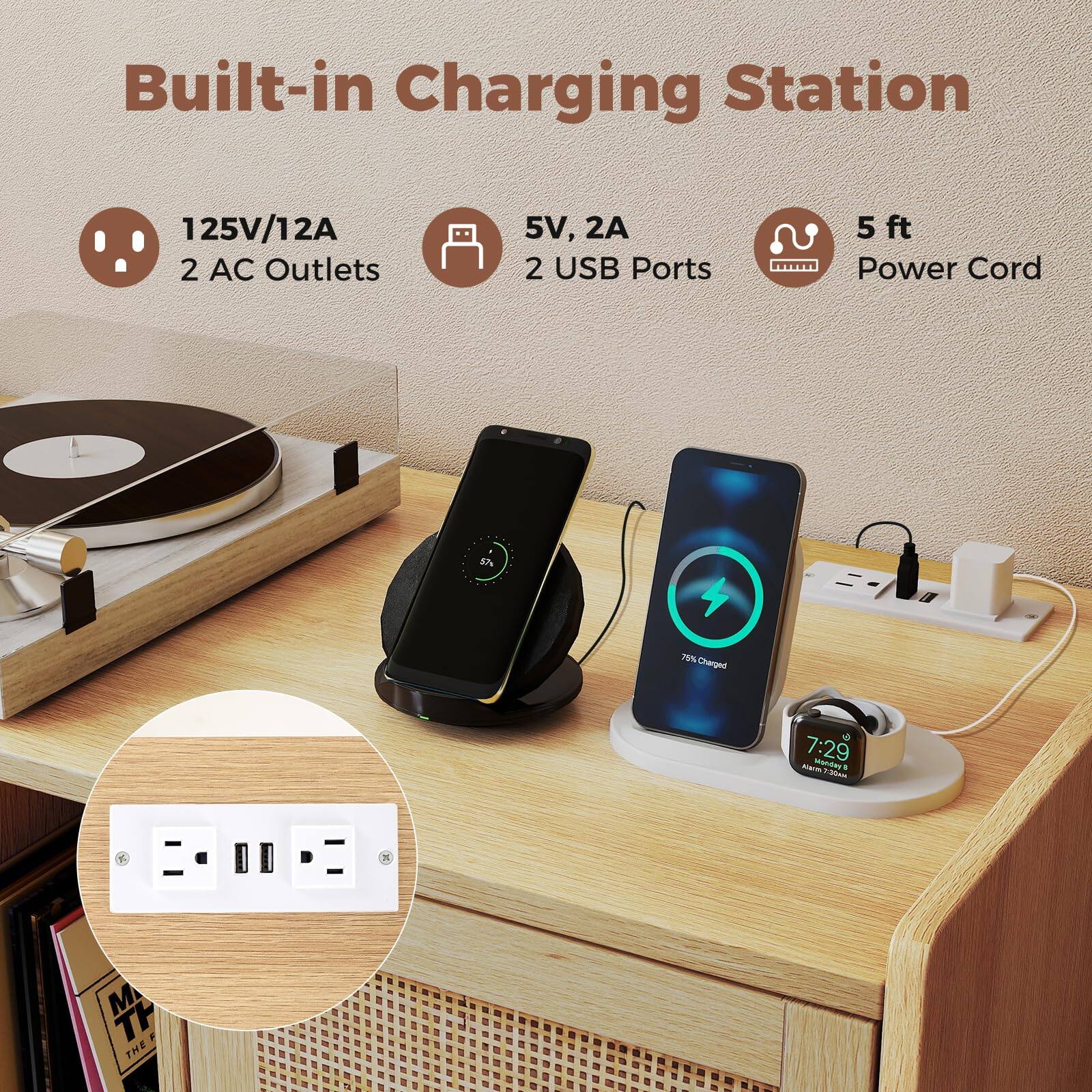 Built-in Charging Station

- 125V/12A
- 2 AC Outlets
- 5V, 2A
- 2 USB Ports
- 5 ft Power Cord

70% Charged at 7:29
