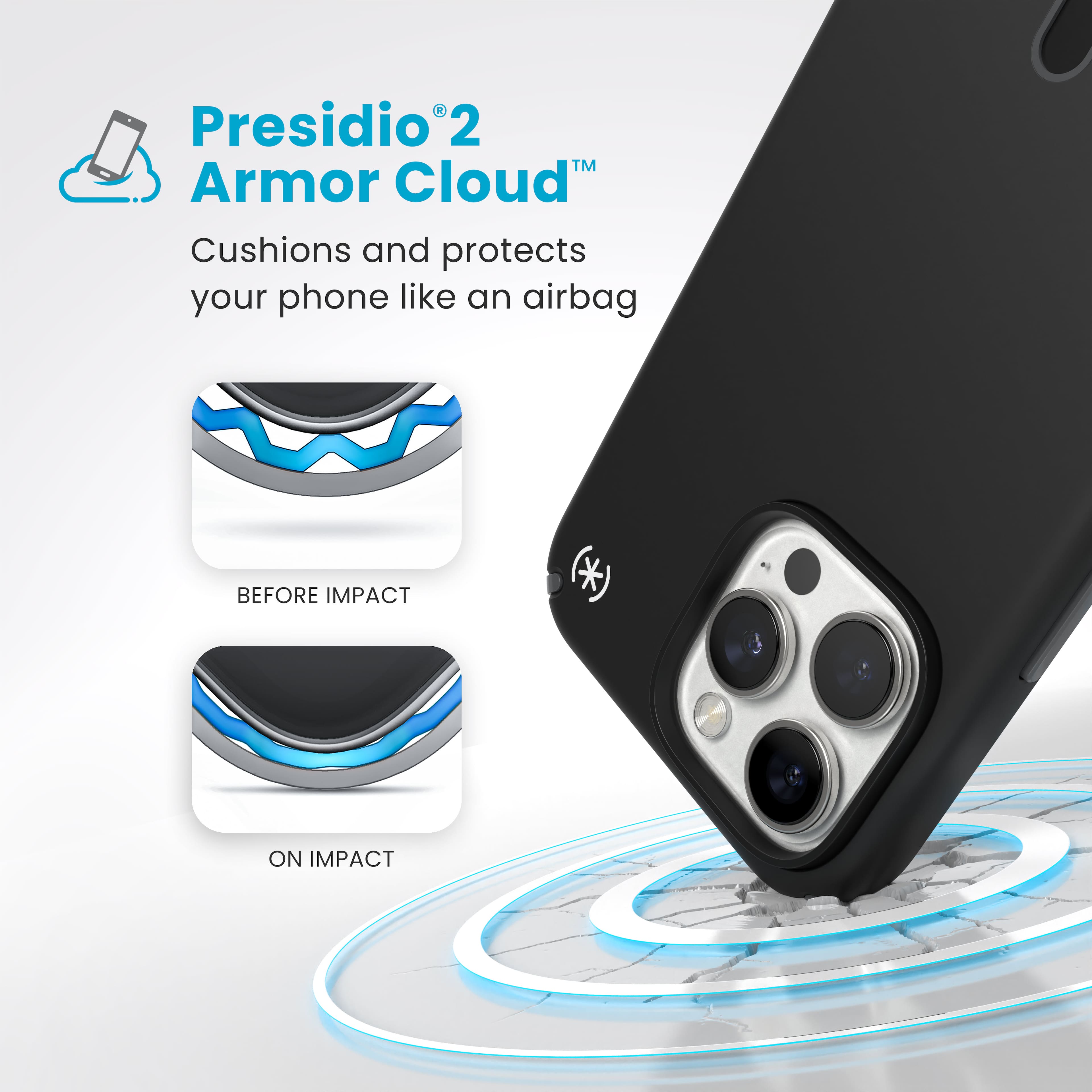 Presidio2 Armor Cloud: Cushions and protects your phone like an airbag. Before impact. On impact.