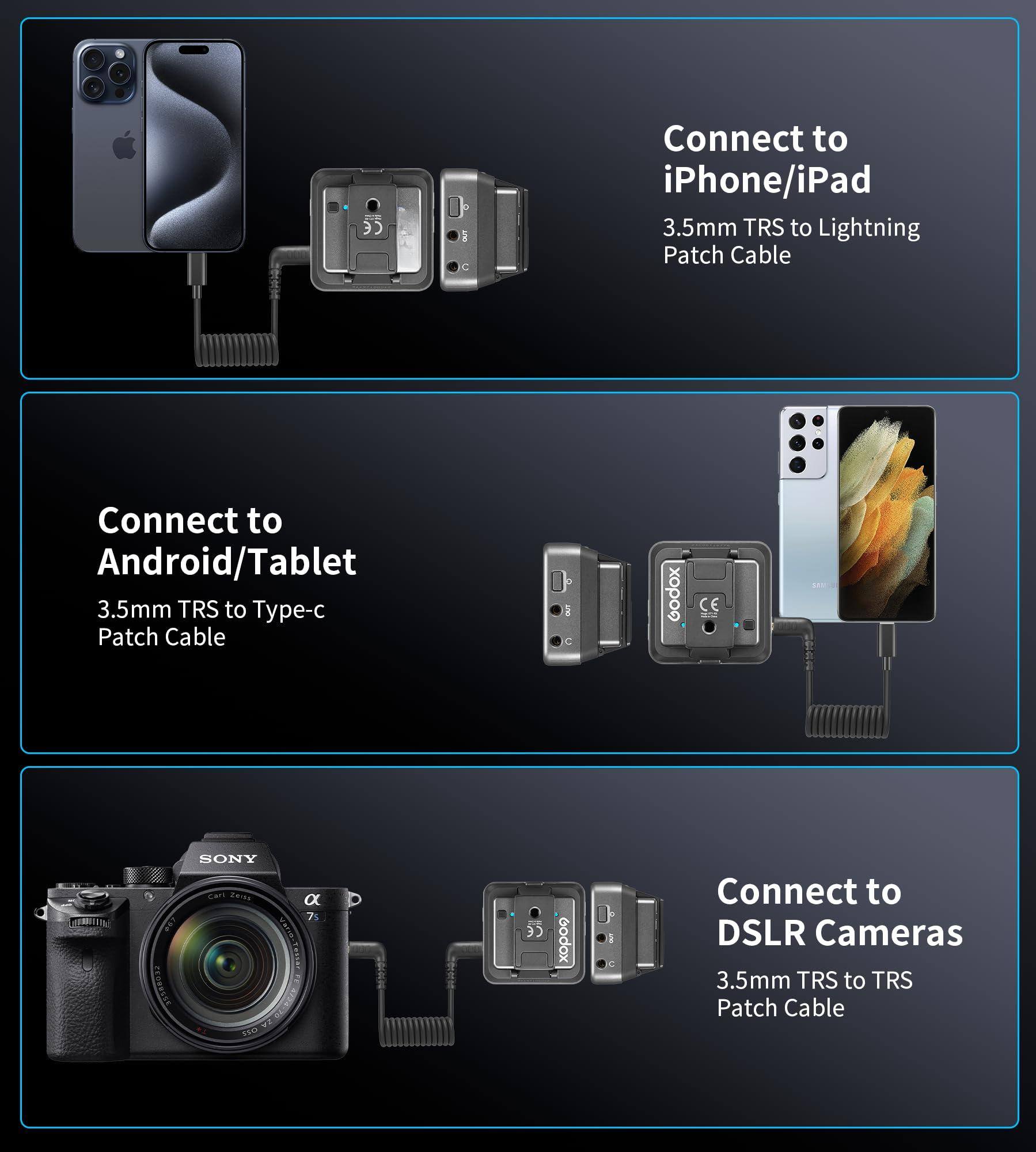 Sure, here is the corrected and grouped text:

---

**Connect to iPhone/iPad**  
3.5mm TRS to Lightning Patch Cable

**Connect to Android/Tablet**  
3.5mm TRS to Type-c Patch Cable

**Connect to DSLR Cameras**  
3.5mm TRS to TRS Patch Cable

---