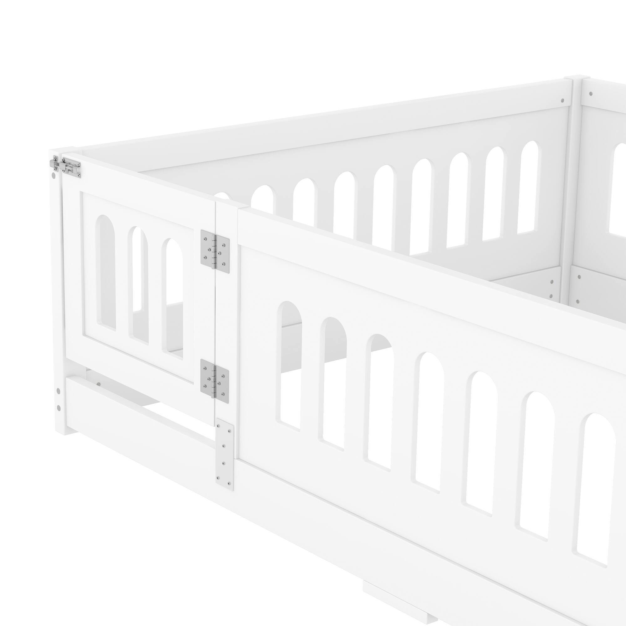 Alt View 1. Tiramisubest - Full Size Floor Bed with Heightened Safety Guardrails and Door, Solid Wood Bedframe with Rails No Slats Included, White - White.