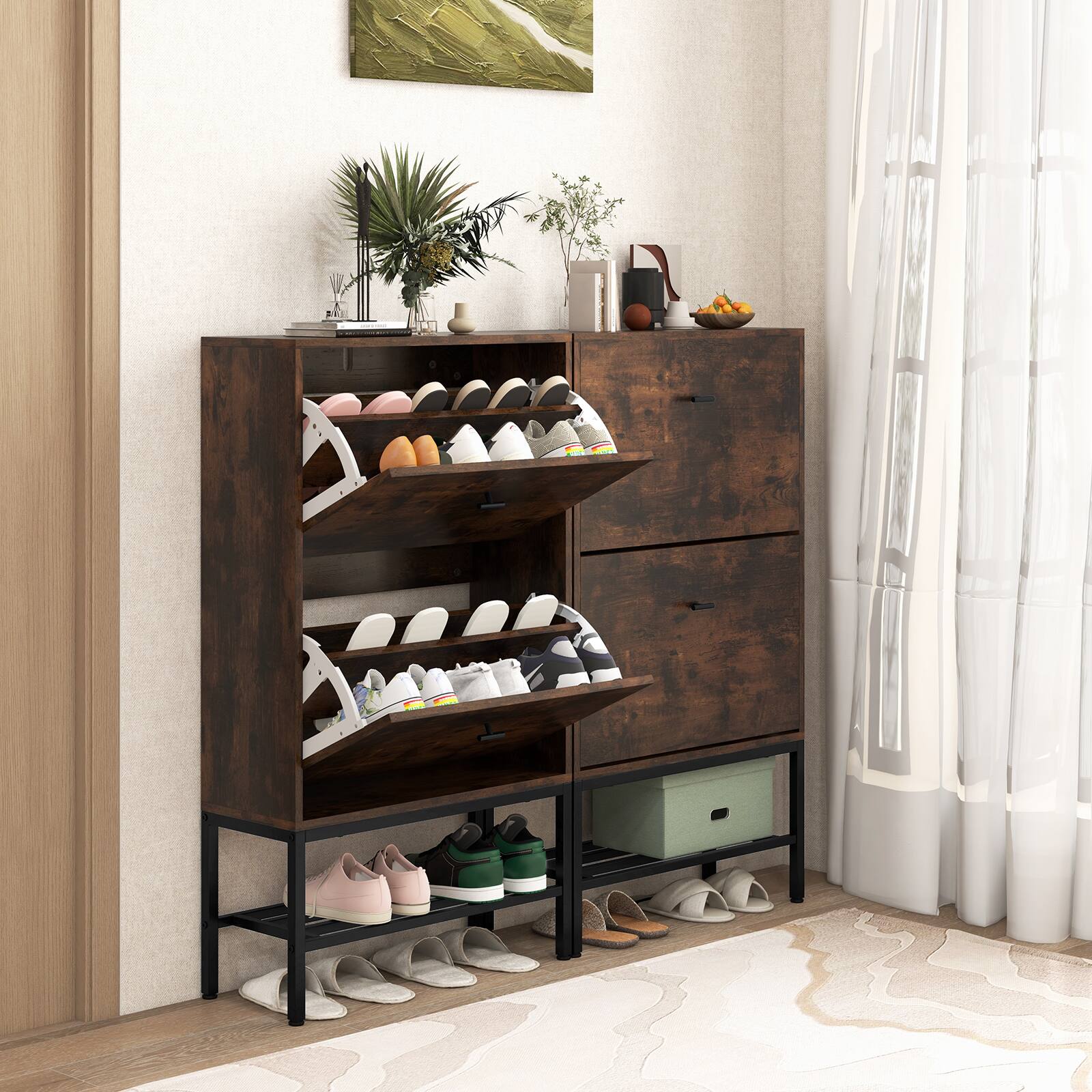 Alt View 9. Sugift - Industrial Shoe Storage Cabinet with 2 Flip Drawers and 1 Bottom Metal Shelf - Brown.