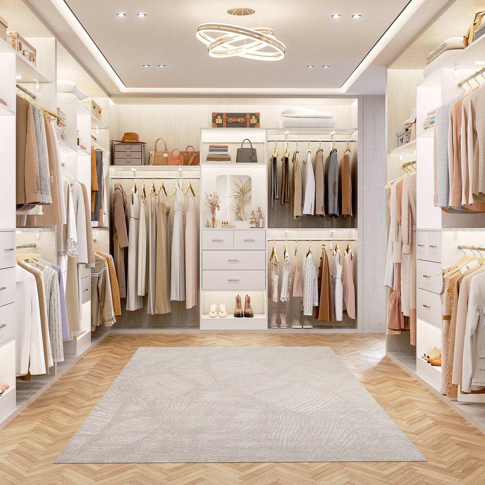 Back. Aheaplus - 96" Wood Closet Organizer with 4 Drawers, Hanging Rods & Mirror - Sturdy Walk-in Closet, Cut-to-Fit (96"W x16"D x80"H) - White.