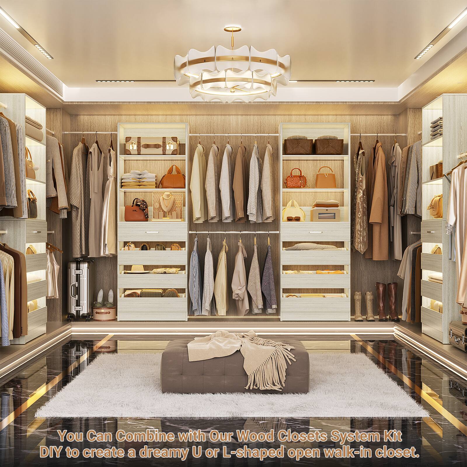 You Can Combine with Our Wood Closets System Kit DIY to create a dreamy U or L-shaped open walk-in closet.