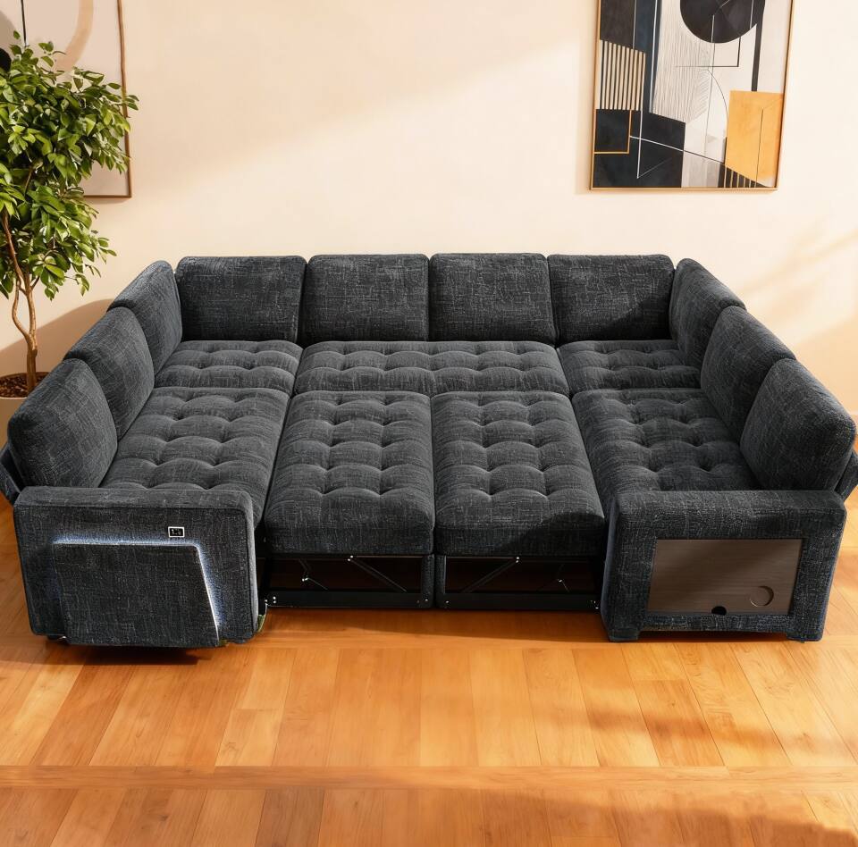 Alt View 5. Vipbear - 8 Seat U Shaped Modular Sectional Sleeper Sofa Bed with Pull Out Bed/Reclining Backrest/USB Ports/Storage Seat - Black.
