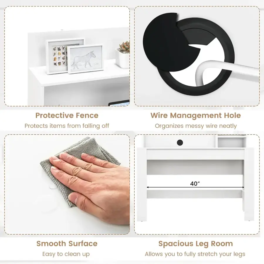 The image shows a collection of items that can be used to improve the organization and functionality of a space. The items include a protective fence, a wire management hole, a smooth surface, and a spacious leg room. These items are designed to protect items from falling off, organize messy wires neatly, provide an easy-to-clean surface, and allow for comfortable legroom.